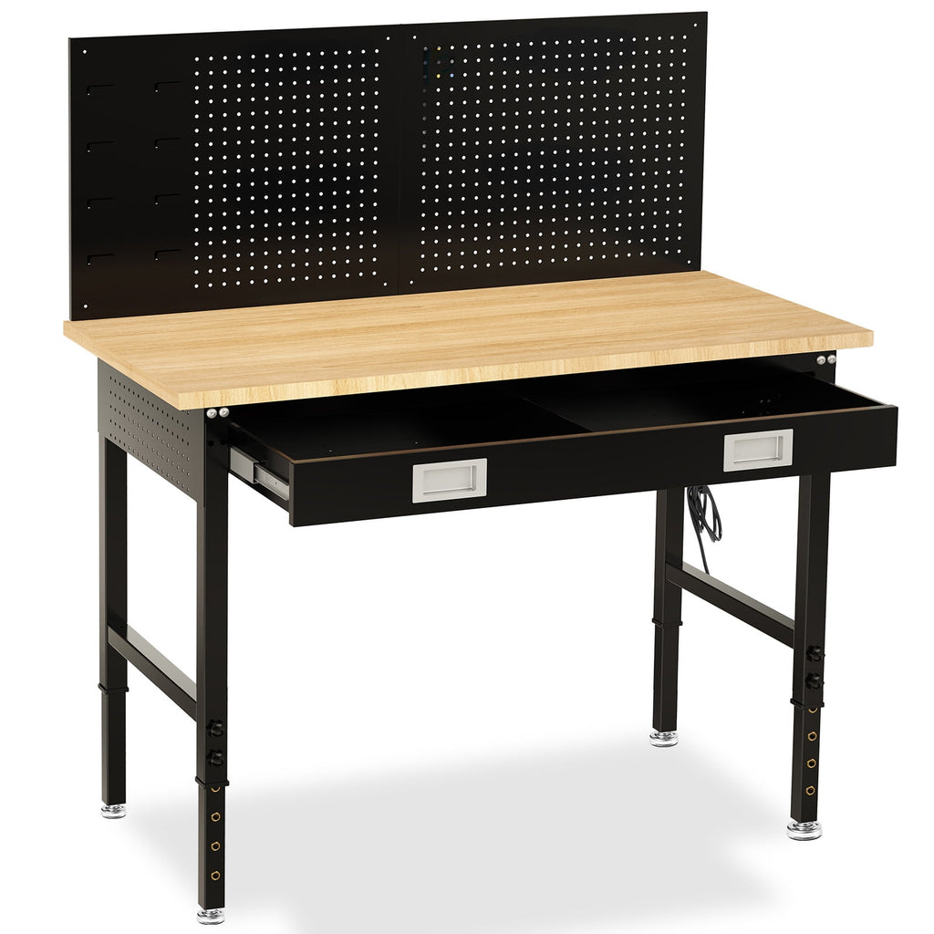 60 inch Workbench for Garage, Heavy-Duty 2 Tier Wood Work Bench with Storage Pegboards, Hooks, Power Outlets, Rubber Wood Tabletop 2000 LBS Load Bearing Workstation Garage Desk Work Table