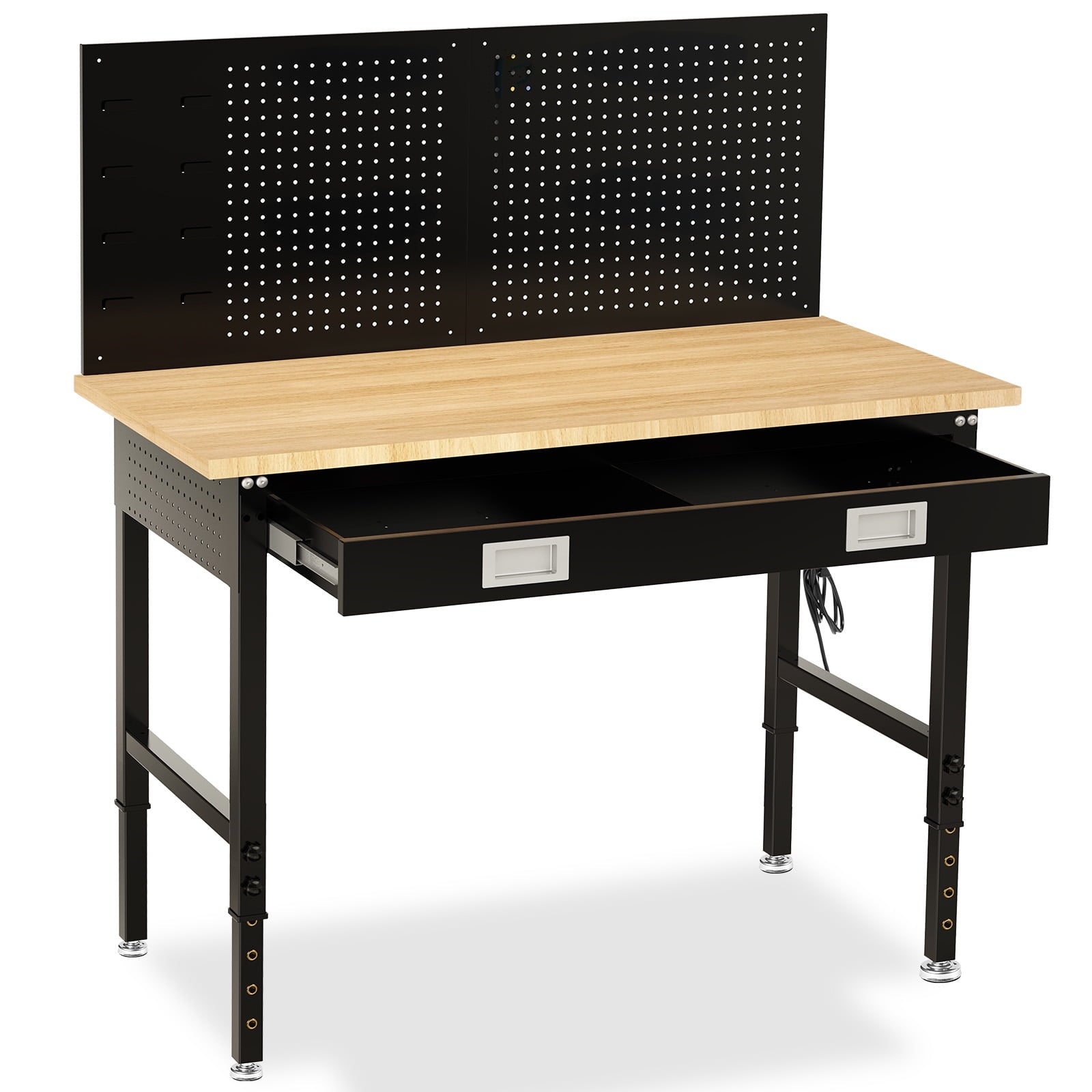 60 inch Workbench for Garage, Heavy-Duty 2 Tier Wood Work Bench with Storage Pegboards, Hooks, Power Outlets, Rubber Wood Tabletop 2000 LBS Load Bearing Workstation Garage Desk Work Table
