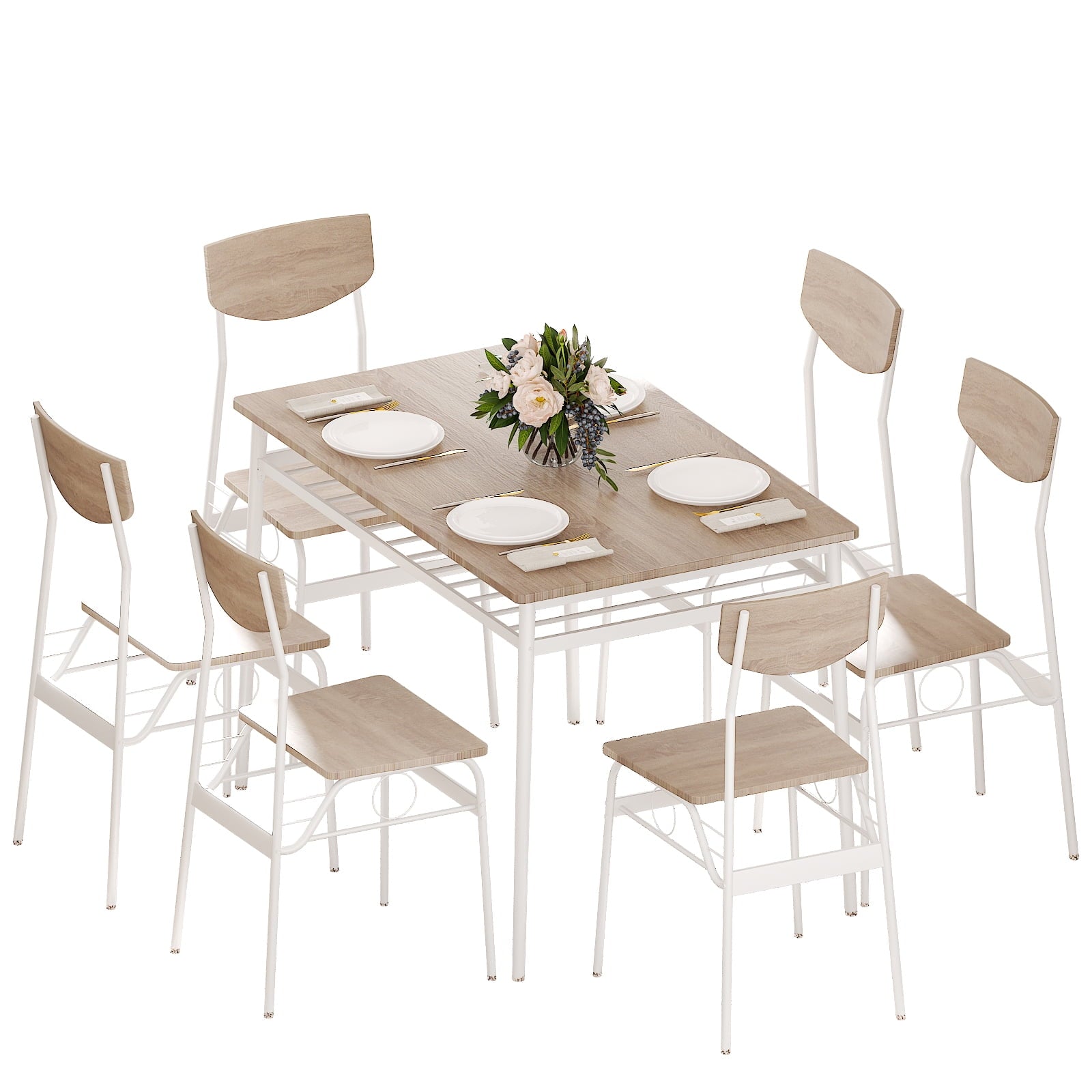 Ktaxon Dining Table Set for 4/6 with Storage Racks, Dining Room Table Set for 4/6 Modern Design, Kitchen Table and Chairs for Home Kitchen, Natural Wood