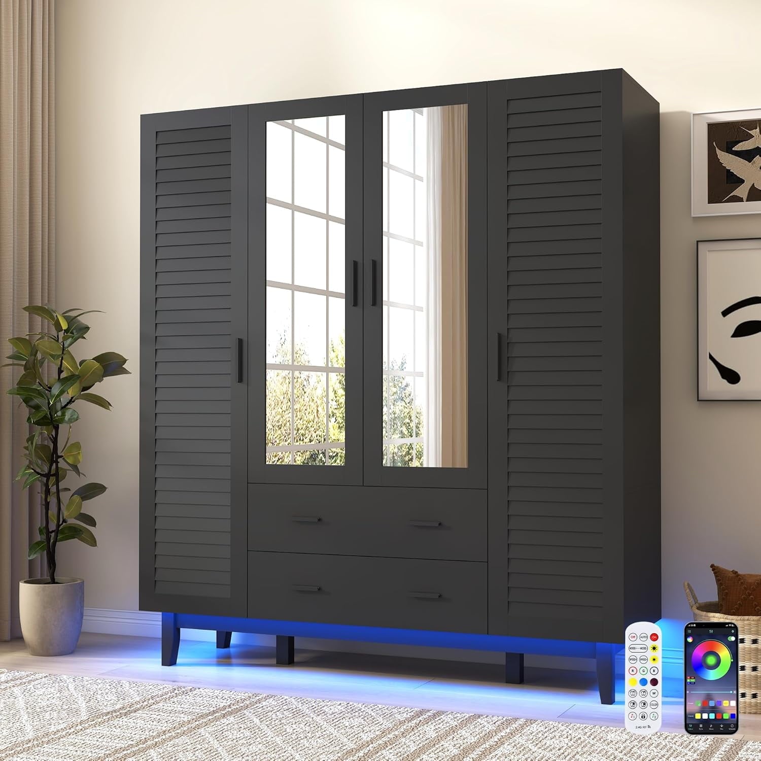 Blotout 70 Armoire Wardrobe Closet with Mirror & LED Lights, LED White Louver Door Wardrobe Armoire with 3 Drawers & Hanging Rods, Large 3 Doors Armoire Storage with Multi-Layer Shelves