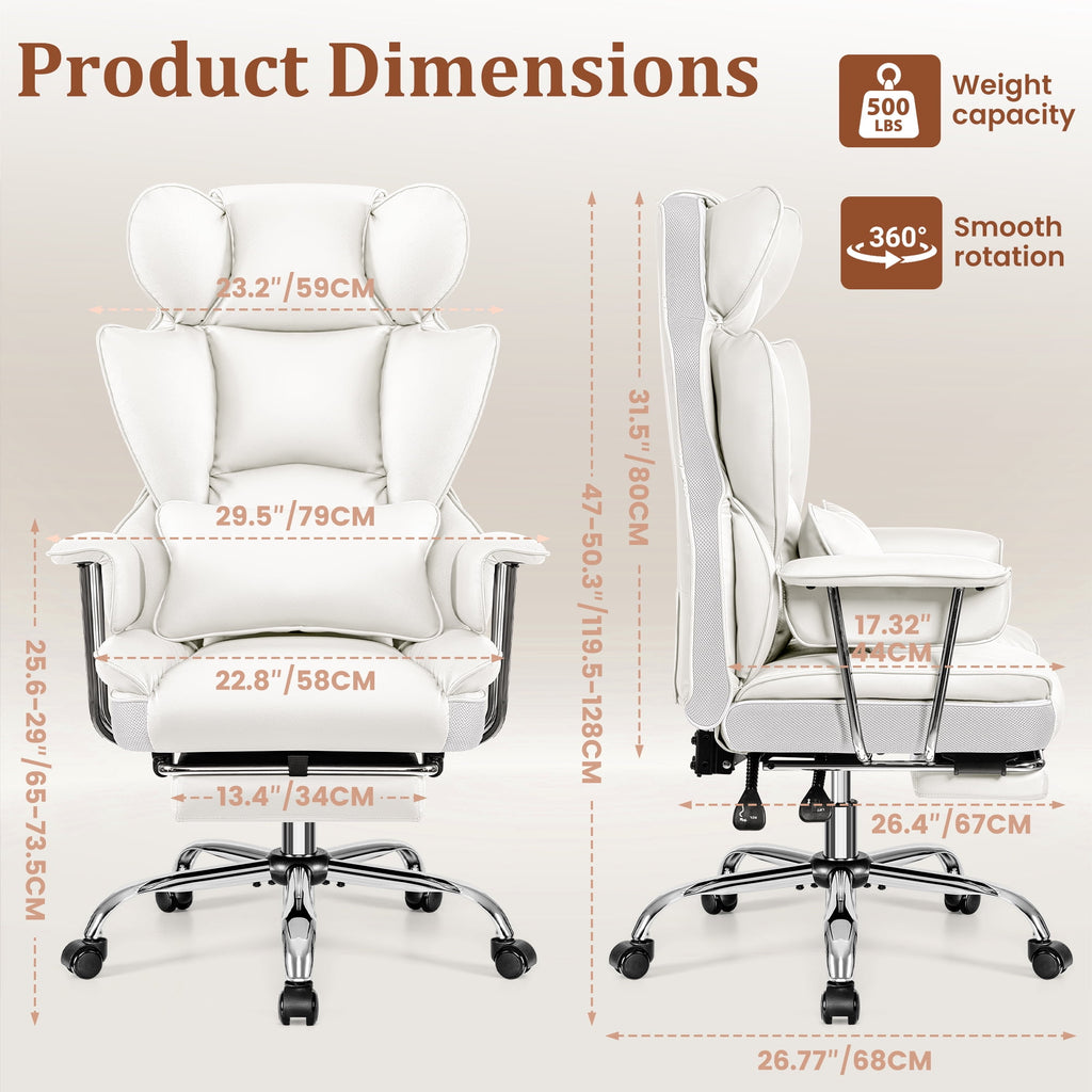 COOLHUT Big and Tall Office Chair 500LBS Wide Seat Ergonomic Computer Desk Chair, PU Leather Executive Office Chair with Footrest, Adjustable Task Chair Lumbar Back Support 8 Hour, Black