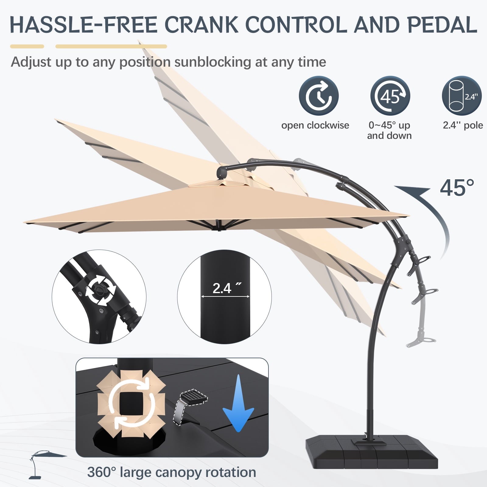 AECOJOY 10x10ft Outdoor Cantilever Patio Umbrella with Base, 360° Tilt & Rotate, Beige