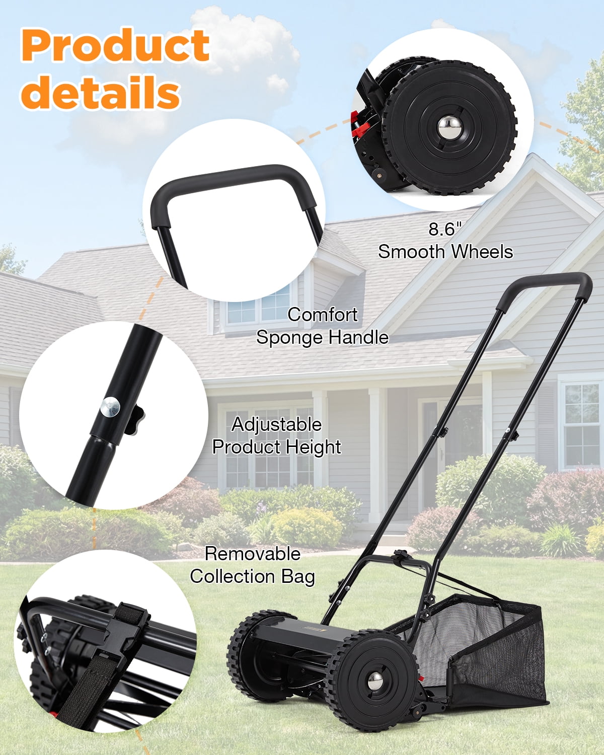 JFHID 14-Inch Manual Push Reel Lawn Mower,5-Blade Design