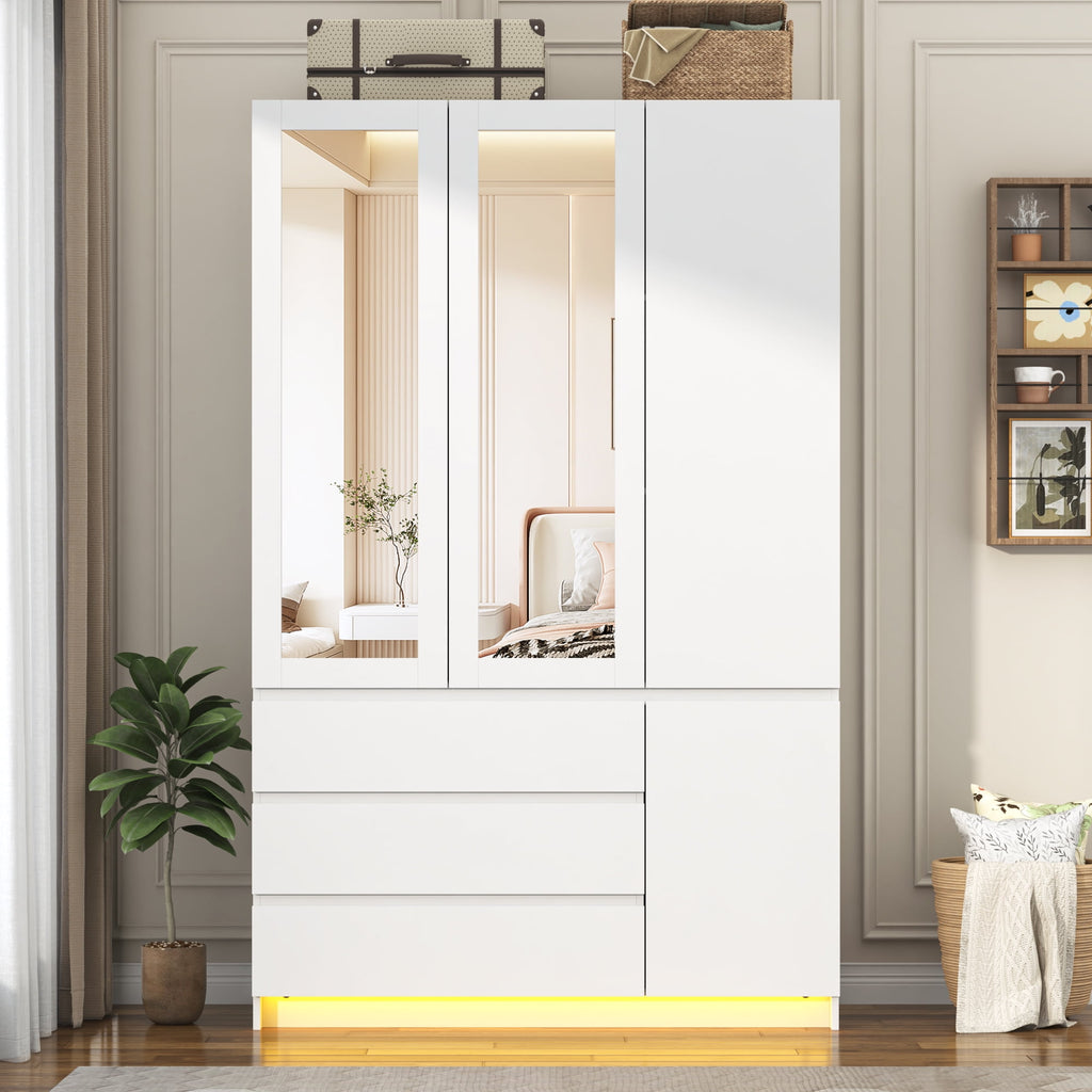 75 Tall 3 Doors Armoire Wardrobe Closet with  3 Drawers and Mirror, Large Wardrobe Closet for Bedroom with LED Lights, Wooden Armoire Storage Cabinet with Hanging Rod, Adjustable shelves (White)