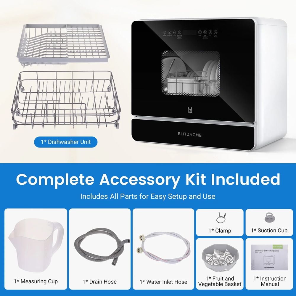 BLITZHOME Smart Wifi Countertop Dishwasher, 9 Programs,5.2L Built-in Water Tank ,3-Spray Arms & 24H Timing,No Installation Needed