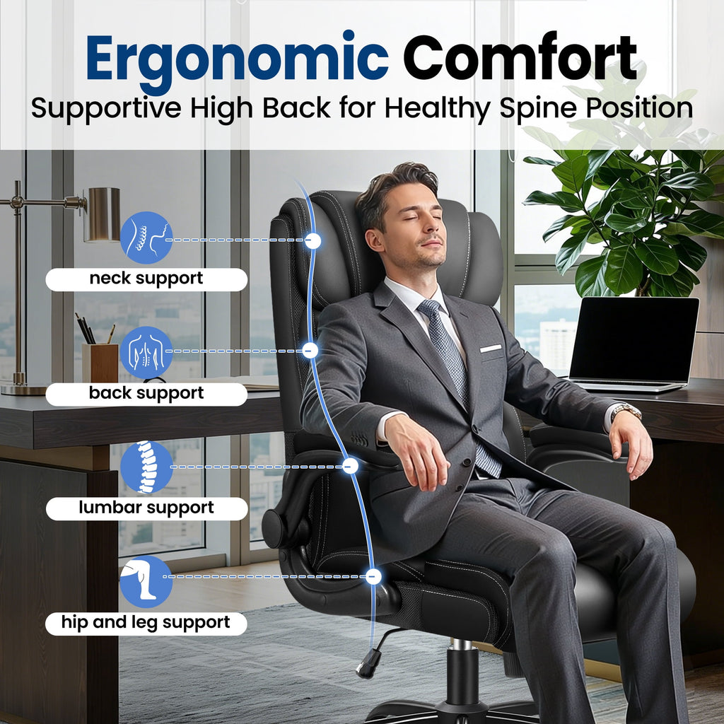 STACOO High Back Executive Office Chair 400lbs, Big and Tall Ergonomic Desk Chair with Lumbar Support & Flip-up Armrests, PU Leather Swivel Chair with Adjustable Height – Brown