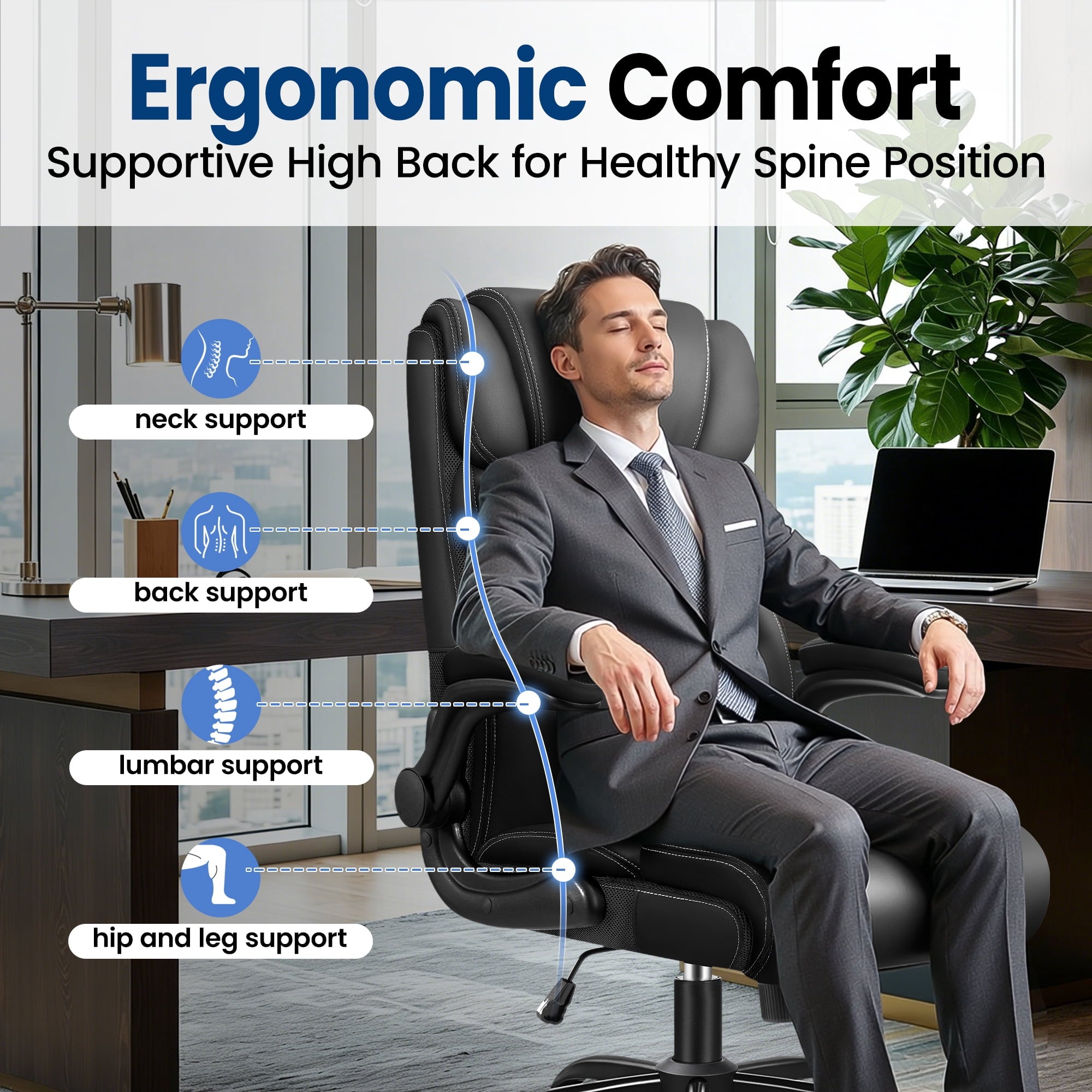 STACOO High Back Executive Office Chair 400lbs, Big and Tall Ergonomic Desk Chair with Lumbar Support & Flip-up Armrests, PU Leather Swivel Chair with Adjustable Height – Brown