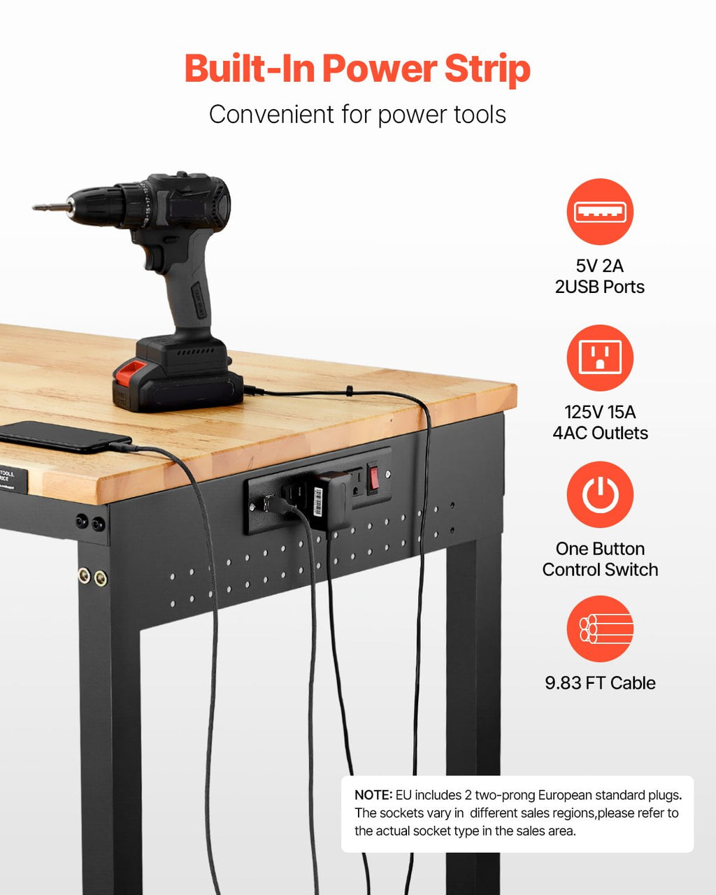 VEVOR 48-Inch Adjustable Workbench, 2000 lbs Load, Work Bench with Power Outlet, Wheels, and Pegboard, Heavy Duty Oak Wood Top Work Table for Garage, Workshop, Office, and Home