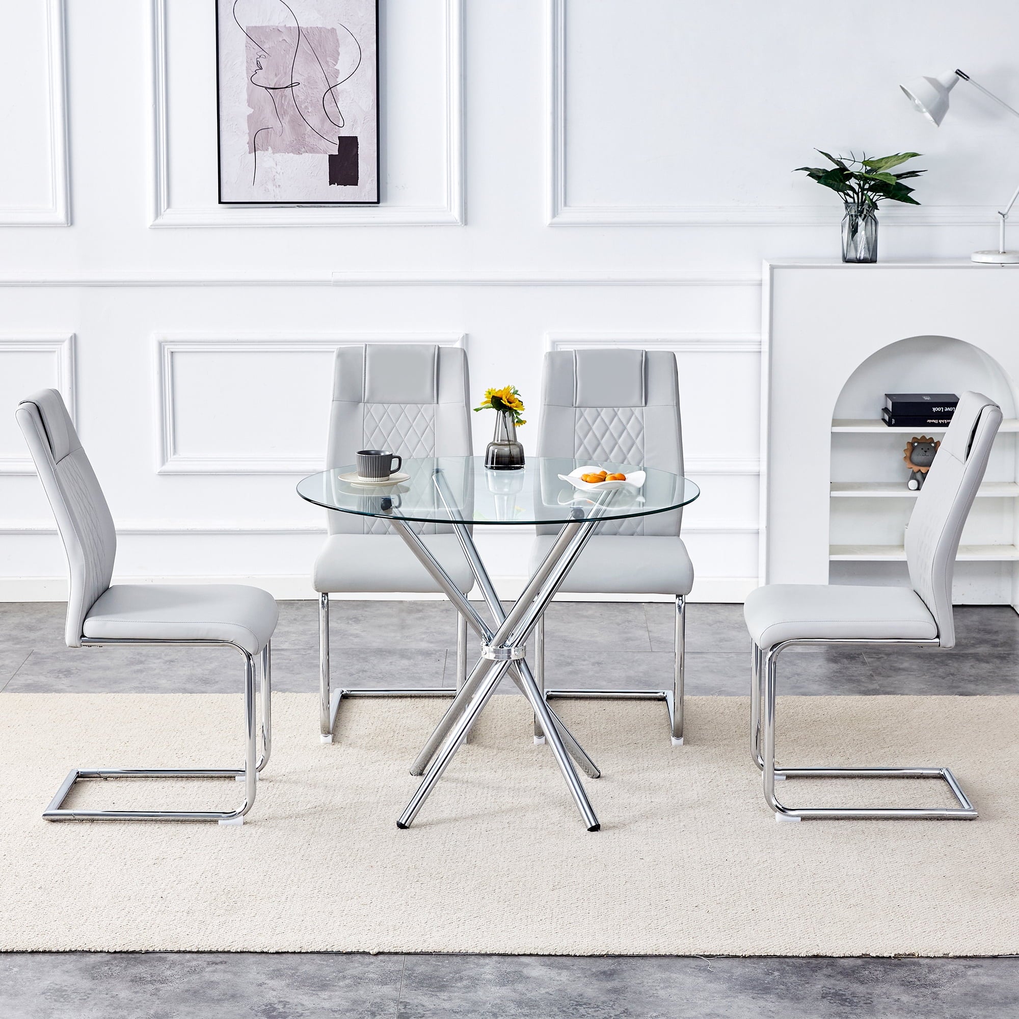 LUFTUT 36.6 Round Glass Dining Table, Modern Gold Base Kitchen Table, Small Space Bistro Table, Clear Tempered Glass Top for Apartmen