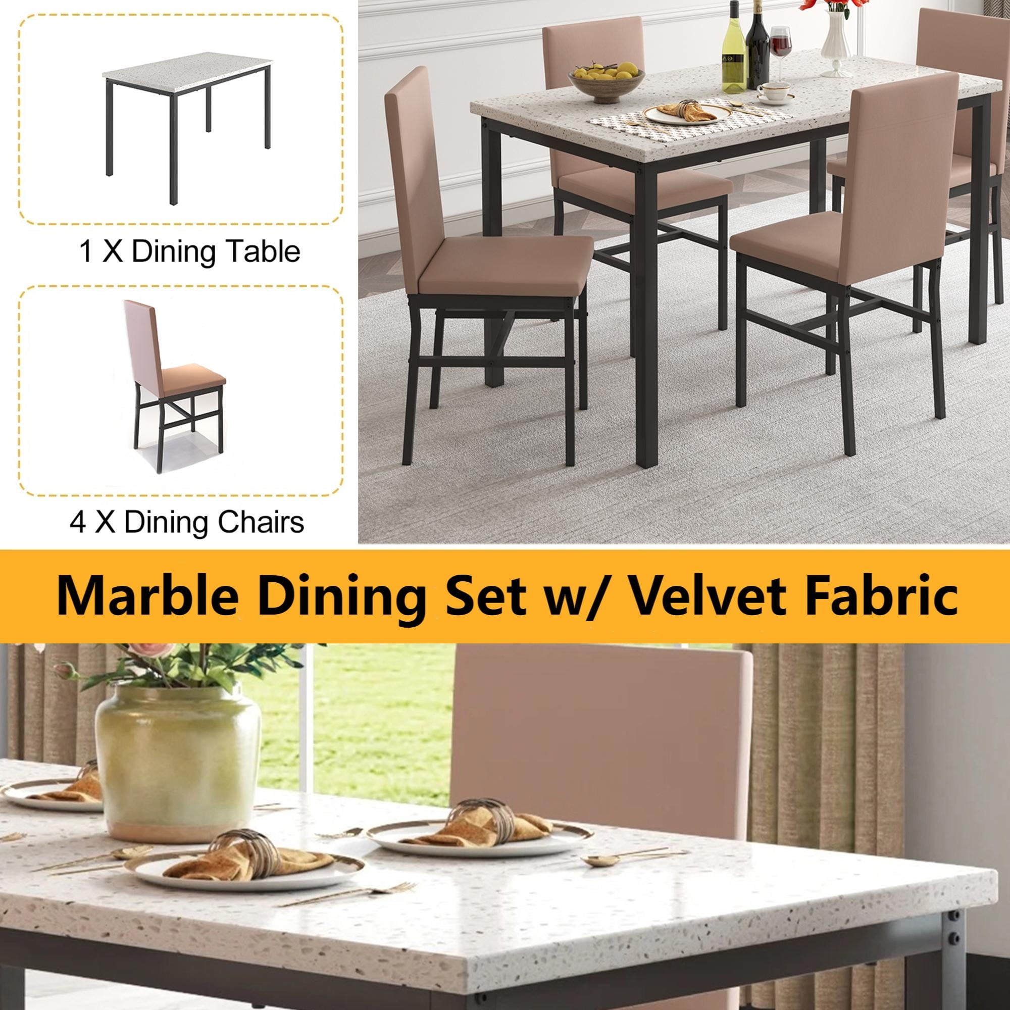 SYNGAR 5 Piece Dining Set, Modern Dining Table and Chairs Set for 4, Kitchen Dining Table Set with Faux Marble Tabletop & 4 Upholstered Chairs, for Small Space, Breakfast Nook, D9224