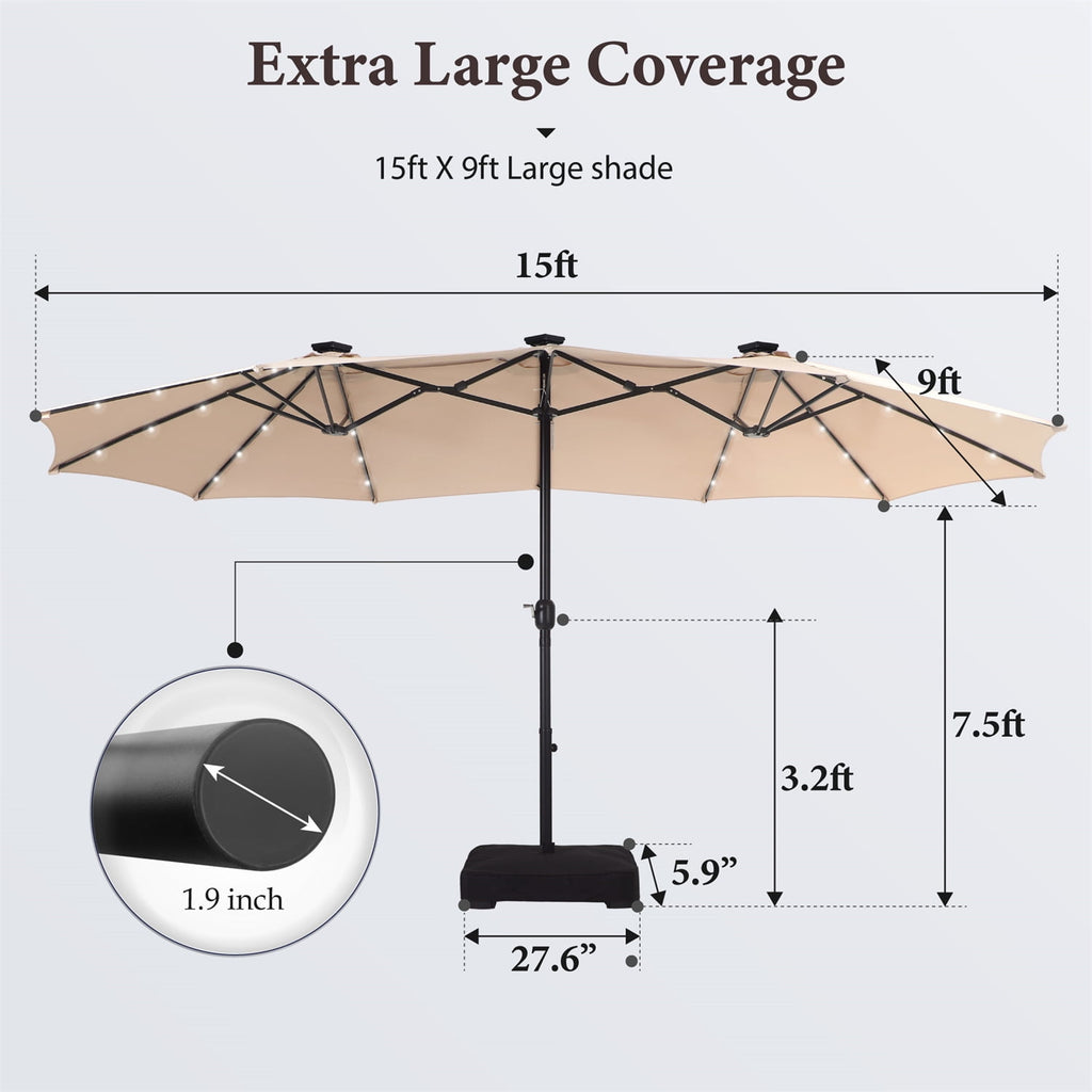 SUMMIT LIVING 15ft Double-Sided Solar Patio Umbrella with Base (Included) Large Outdoor Umbrella with Solar Lights - Beige