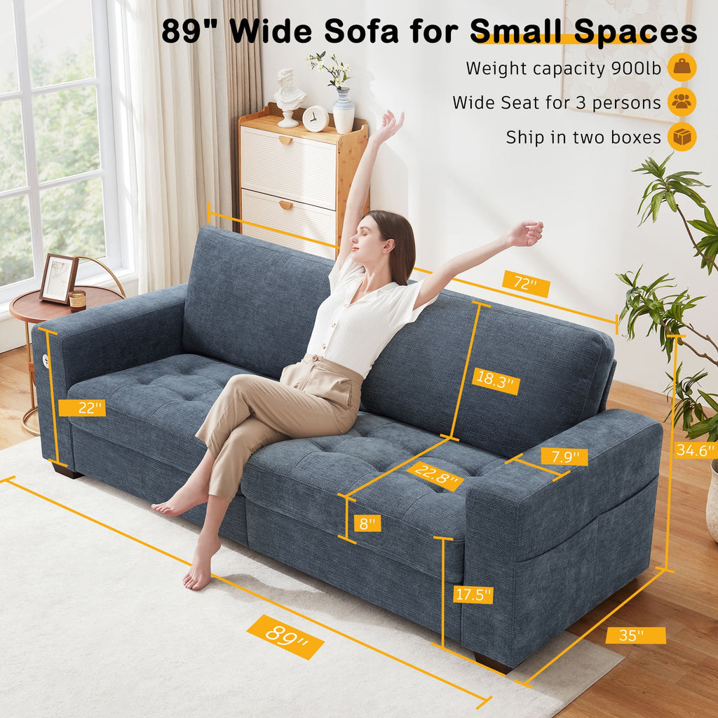 Bedluxury 89 Deep Sofa Couch with USB/Type-C Charging, Storage Pocket & Wide Armrest, Removable Cover, Seats 3 Adults, Chenille Beige