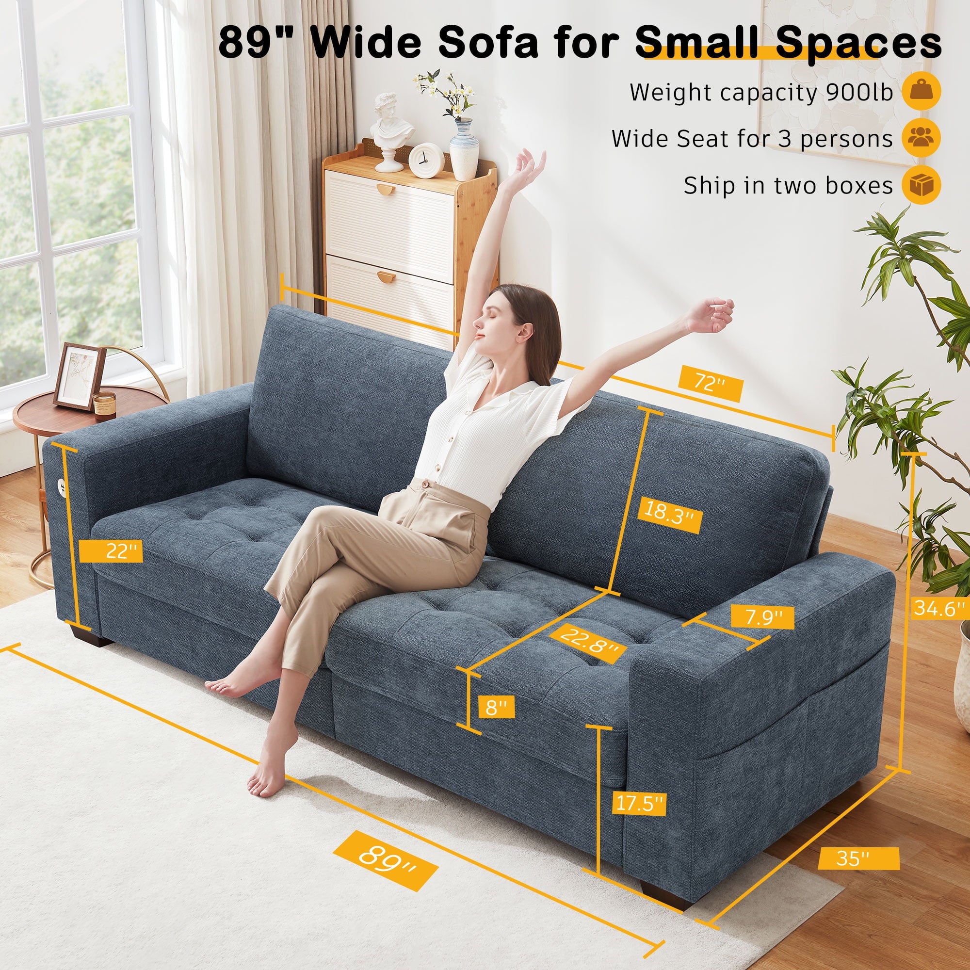 Bedluxury 89 Deep Sofa Couch with USB/Type-C Charging, Storage Pocket & Wide Armrest, Removable Cover, Seats 3 Adults, Chenille Beige