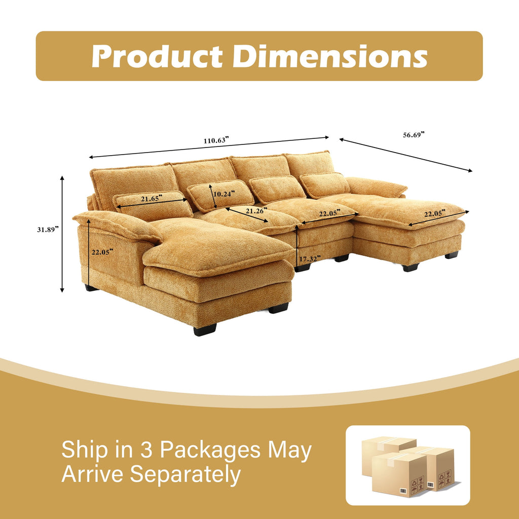 JONPONY109.45 U Shaped Couch,Oversized 4 Seat Sectional with 4 Waist Pillows, Convertible Upholstery Symmetrical Sofá,Sleeper Sofa Couch with Double Chaise Lounge &Memory Foam for Living Room, Beige