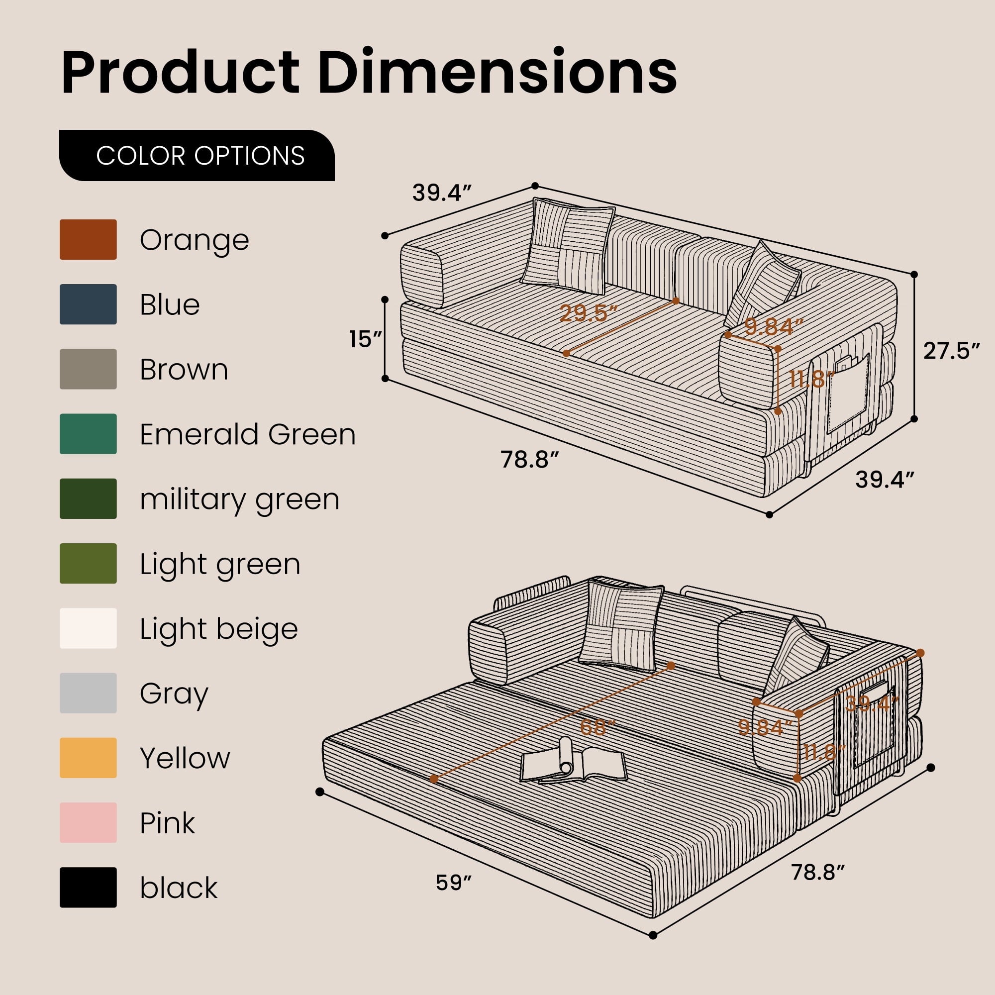 BELHOME 5-in-1 Convertible Sofa Bed, 78.8 Sleeper Sofa Boneless Couch with Side Pockets, Folding Floor Sofa Compression Sofa for Living Rooms No Assembly Required