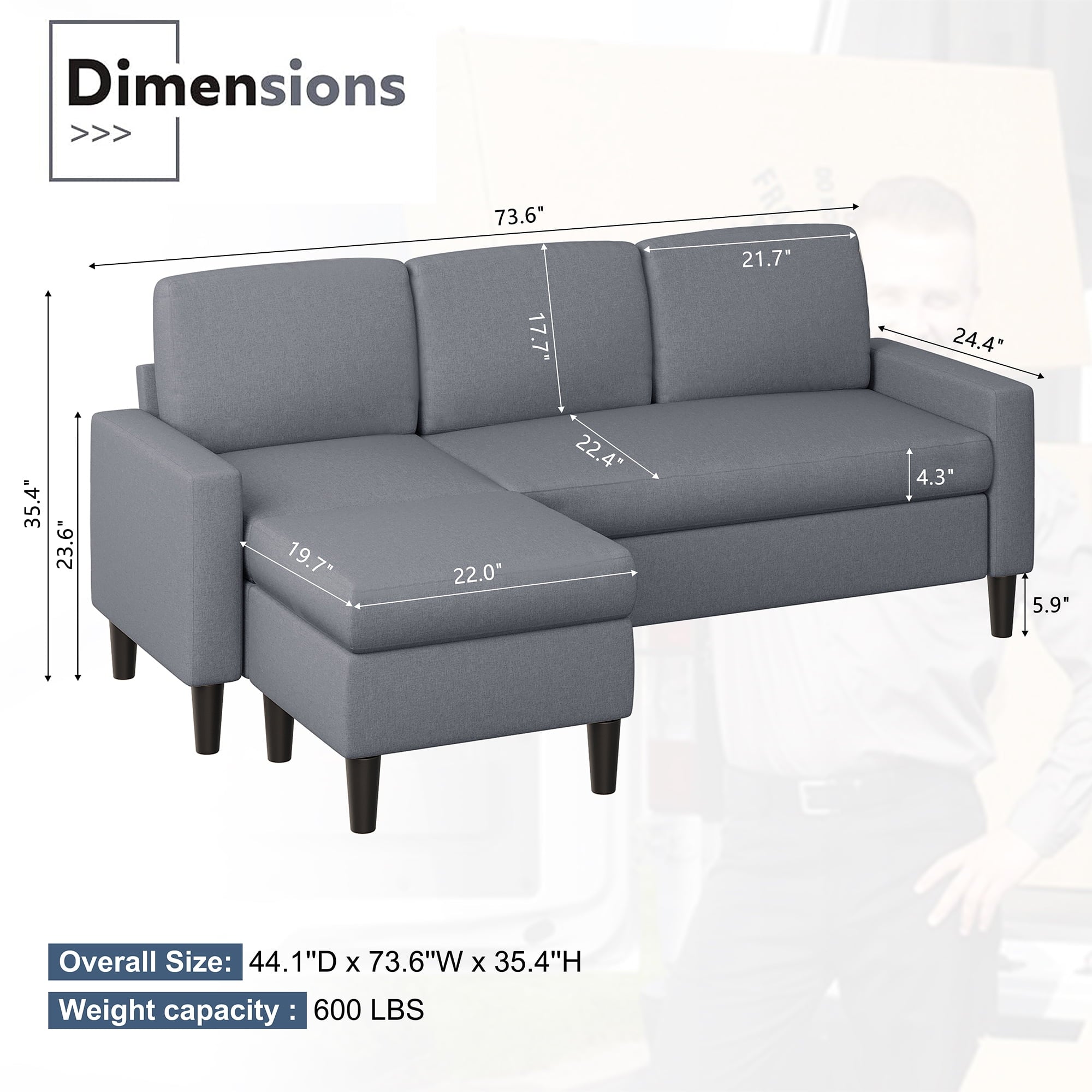 Walsunny 73.6 Convertible Sectional Sofa Couch, L-Shaped 3-Seat Sofa Couch with Reversible Chaise for Small Space,Dark Gray