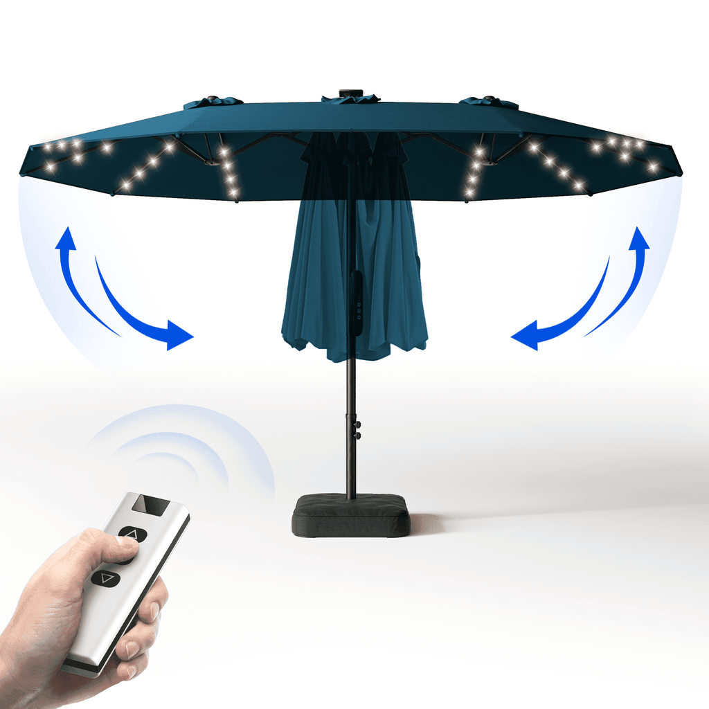 15ft Smart Electric Patio Umbrella, Large Double Sided Rectangular Outdoor Patio Umbrella with Light and Base for Lawn, Garden, Backyard,Beige