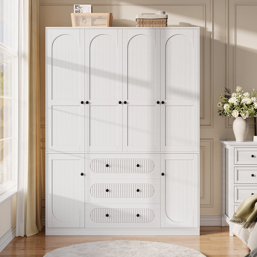 UGTOO 72H 4-Door Wardrobe Armoire with 3 Hanging Rods & 3 Drawers – Black Wooden Closet Storage Cabinet, Large Capacity Freestanding Clothes Organizer for Bedroom