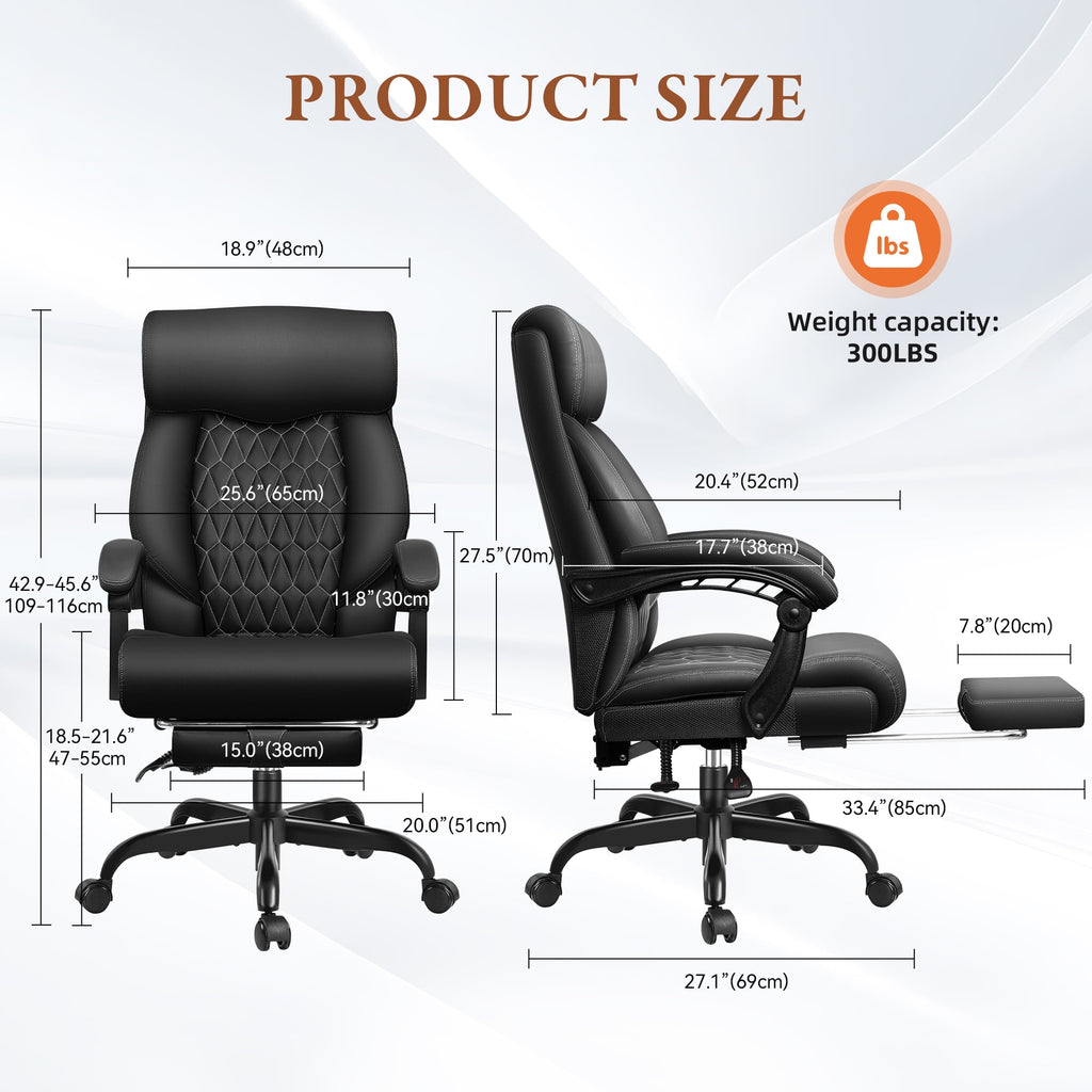 FASTES Executive Office Chair, Ergonomic Desk Chair with Adjustable Armrests, Computer Leather Chair Big and Tall Office Chair with Footrest and Lumbar Support, Brown
