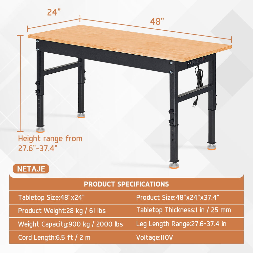 NETAJE 60 Heavy-Duty Work Bench Adjustable Workbench Work Table 2000 lb Load Capacity w/ Power Outlets for Garage, Workshop, Workstation