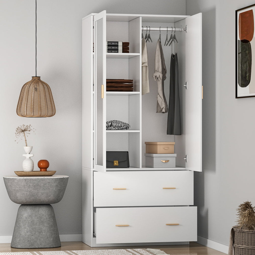 Wiawg 2 Door Wardrobe Armoire,Mirrored Closet Storage with Drawers and Shelves,White