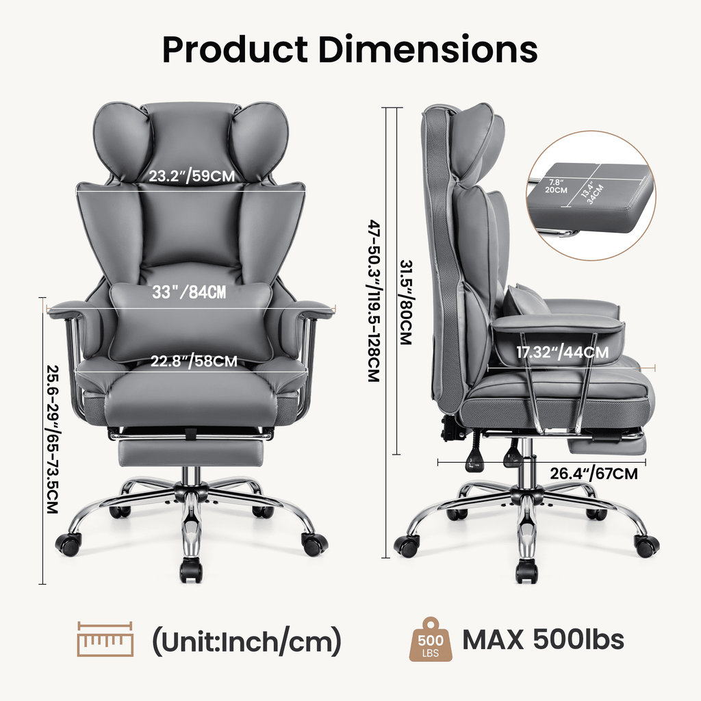 Primy High Back Office Chair, Big and Tall PU Leather Executive Chair with Footrest – Ergonomic Reclining Computer Desk Chair, High-Density Foam, Heavy Duty Swivel Rolling Chair, Black