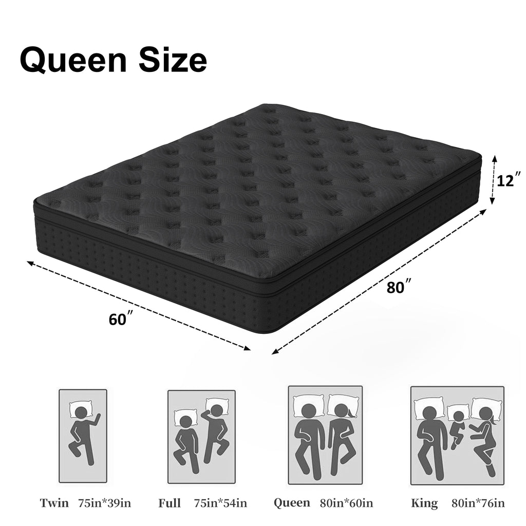 Zekbip 12 inch Queen Mattress in a Box, Hybrid Gel Memory Foam with Individually Wrapped Pocket Coils, Medium Firm, Pressure Relief, Cooling Sleep Support for Adult