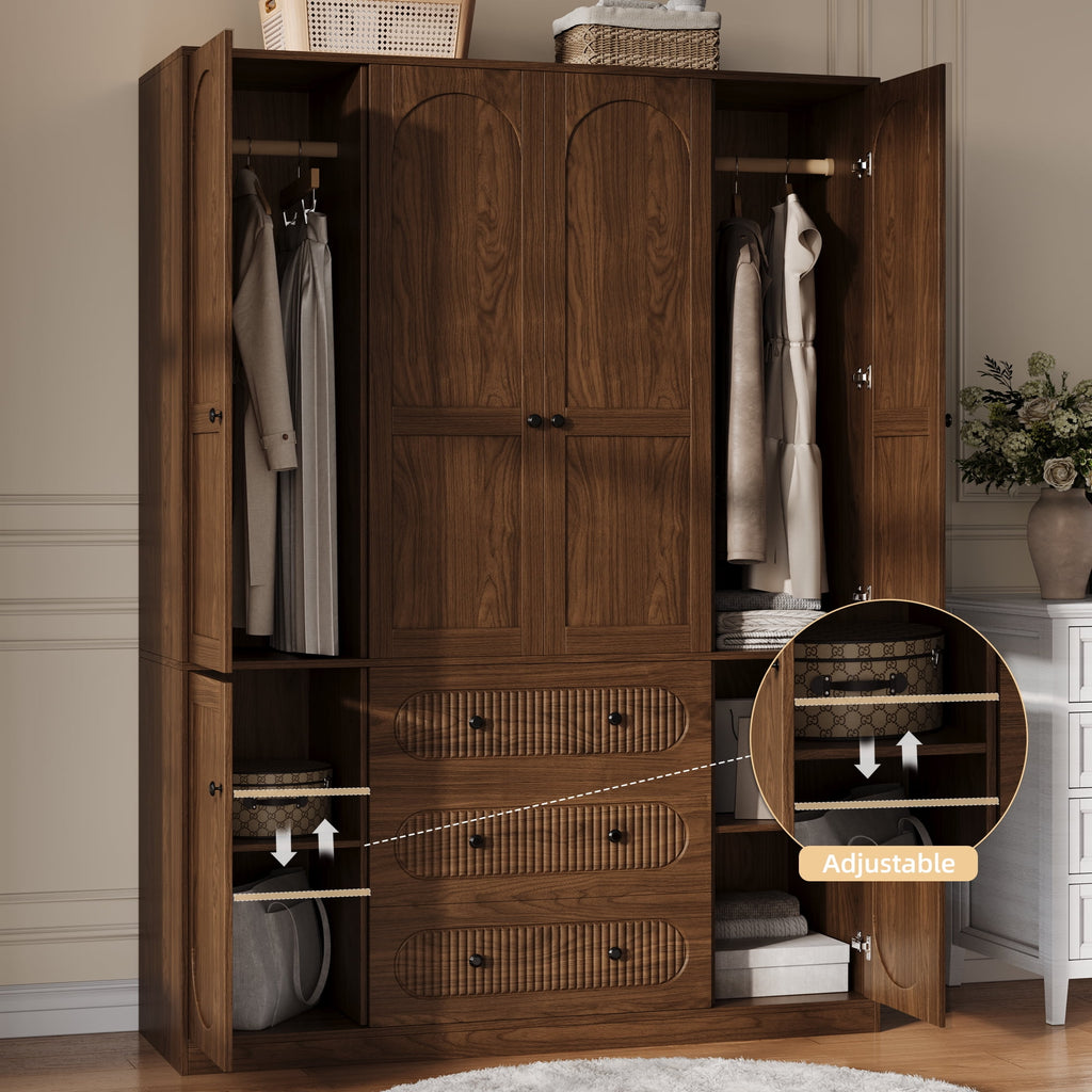 UGTOO 72H 4-Door Wardrobe Armoire with 3 Hanging Rods & 3 Drawers – Black Wooden Closet Storage Cabinet, Large Capacity Freestanding Clothes Organizer for Bedroom