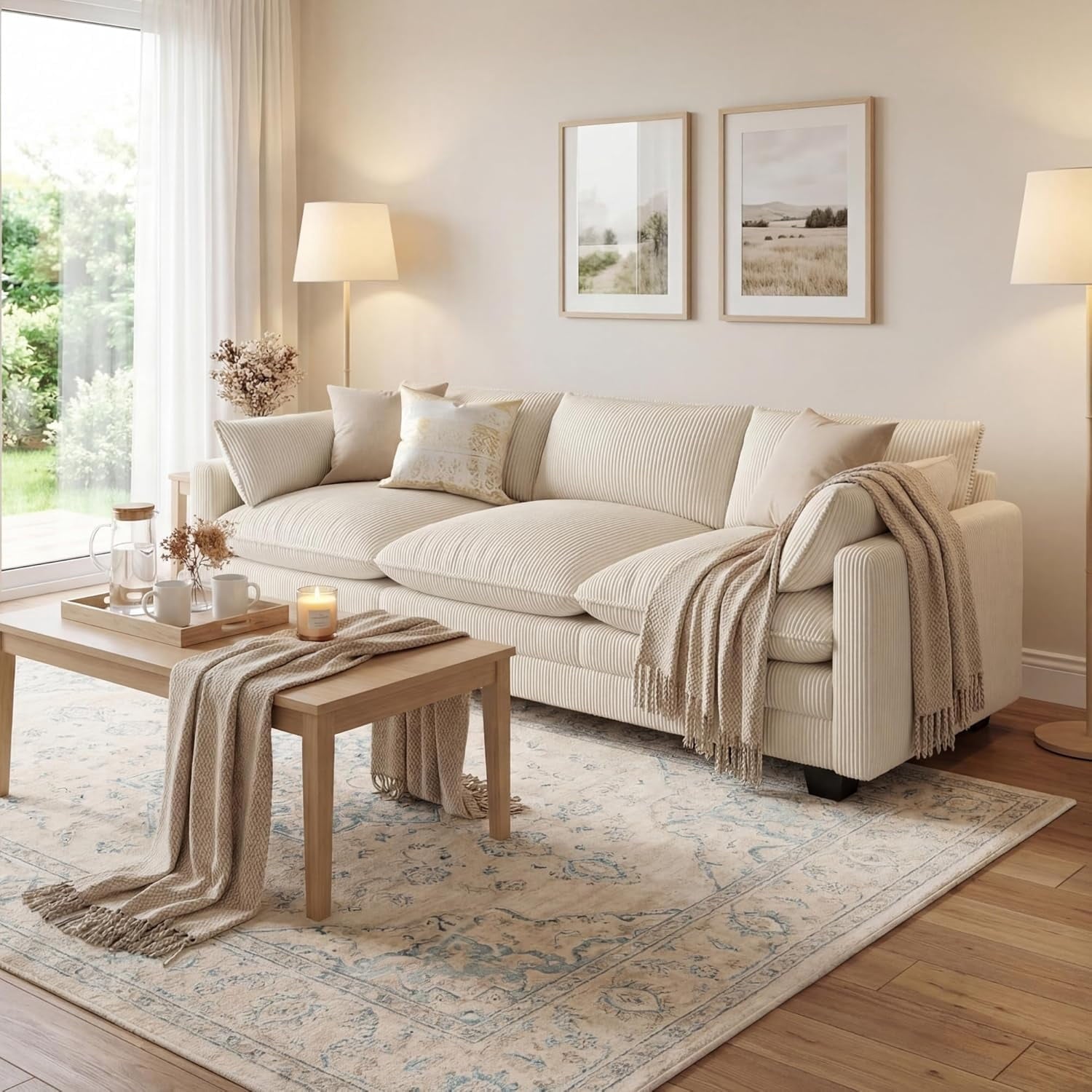 110 Cloud Couches for Living Room, Noelse 3 Seater Cloud Sofa with Double Layer Cushion and Deep Seat, Cream Couch with Washable Cover, Corduroy Fabric, Beige