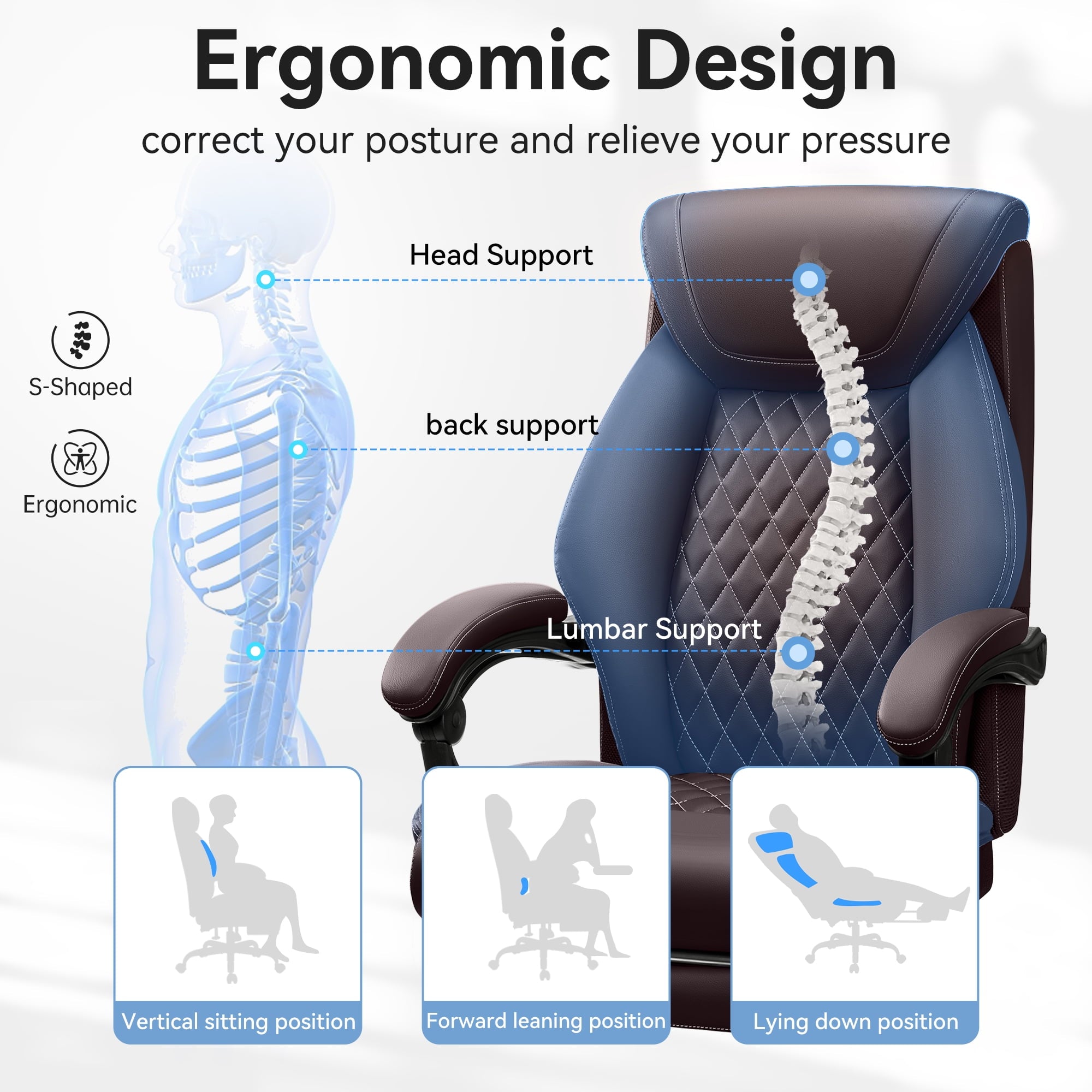 FASTES Ergonomic Office Chair, Big and Tall Leather Desk Chair with Footrest and Lumbar Support, 2-Position Reclining Executive Computer Chair, Black