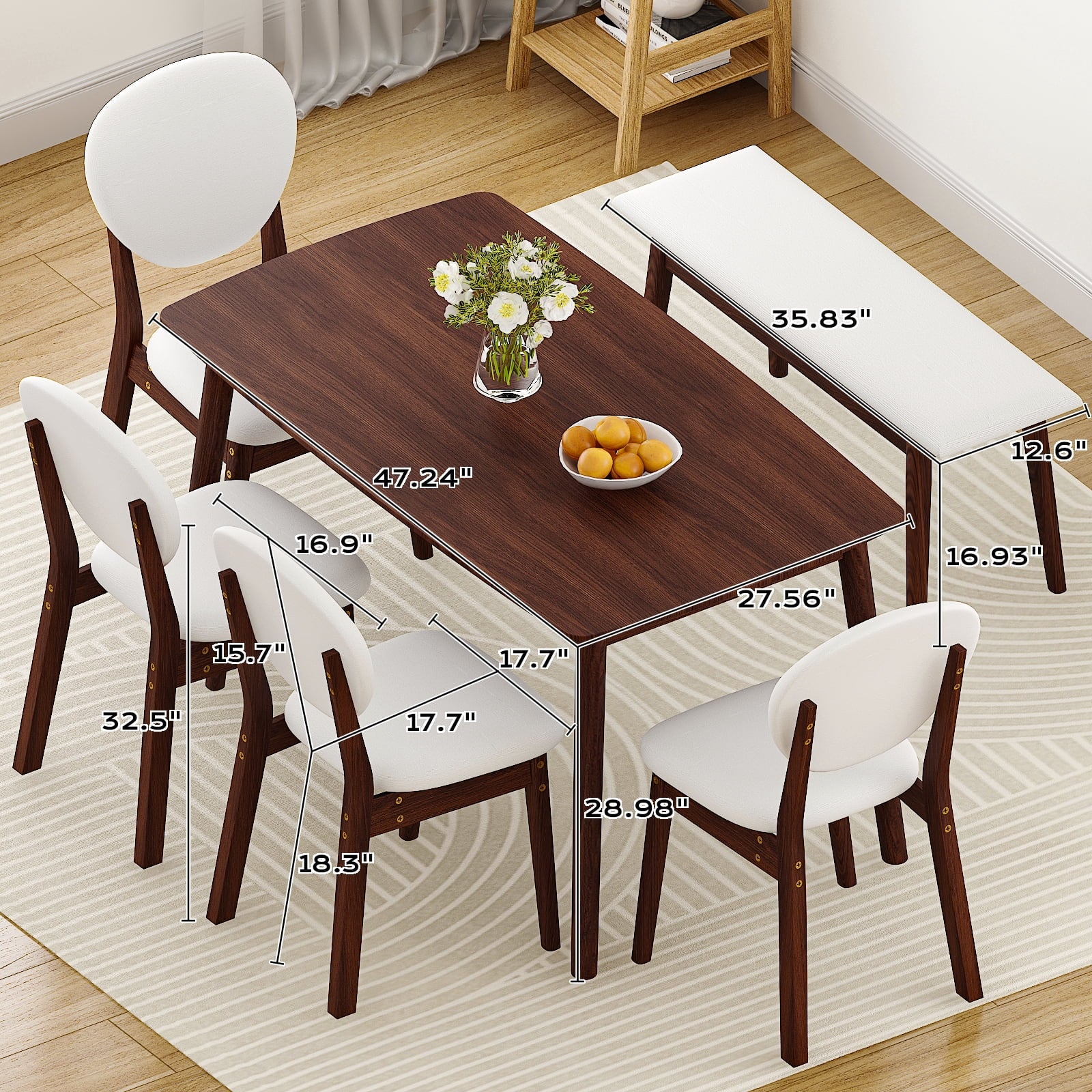 Ktaxon Solid Wood Dining Table Set for 6, Mid-Century Dining Room Table with 4 Padded Chairs & Bench, 47.3 Dining Room Set for 4~6 Family Use, Natural Wood