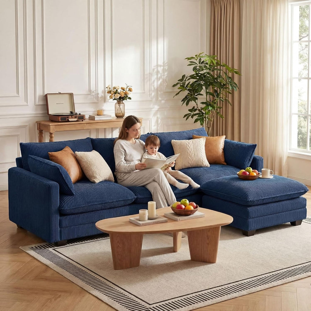 110'' Oversized L Shaped Couch for Living Room, Cloud Couches with Washable Corduroy Cover, Modern 4-Seater Comfy Deep-Seat Sofa with Movable Ottoman and 2 Throw Pillows for Apartment, Gray
