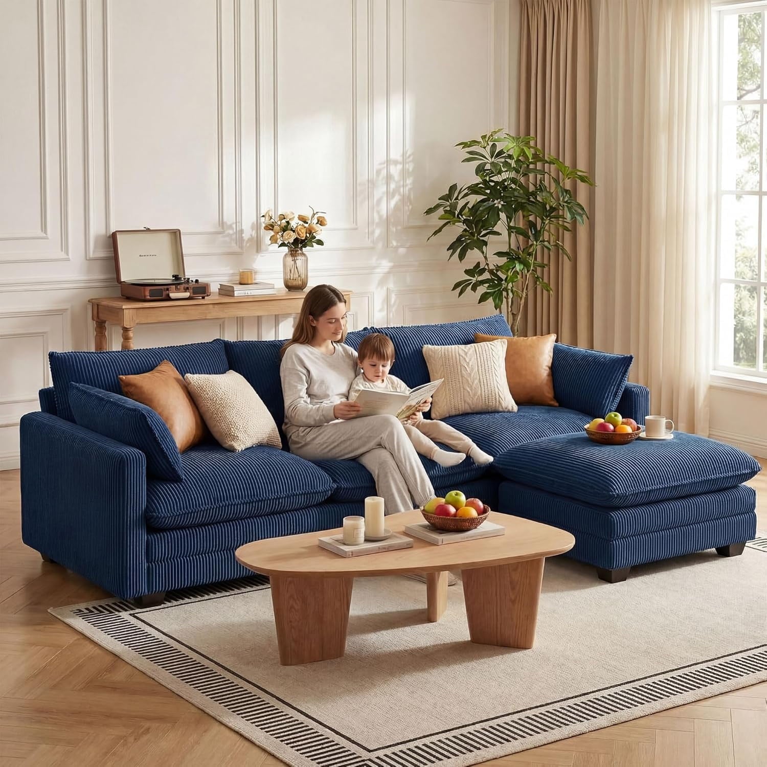 110'' Oversized L Shaped Couch for Living Room, Cloud Couches with Washable Corduroy Cover, Modern 4-Seater Comfy Deep-Seat Sofa with Movable Ottoman and 2 Throw Pillows for Apartment, Gray