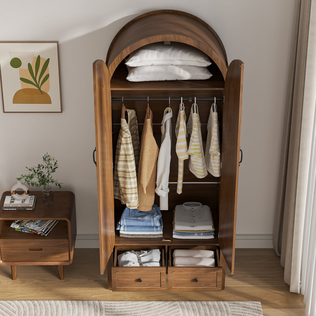 Armoire Wardrobe Closet, Wardrobe Cabinet with Drawers and Hanging Rod, Wooden Armoire Closet for Bedroom, Walnut