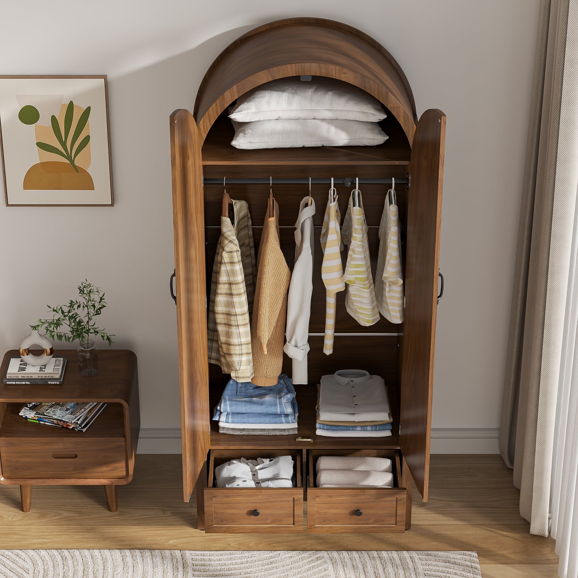 Armoire Wardrobe Closet, Wardrobe Cabinet with Drawers and Hanging Rod, Wooden Armoire Closet for Bedroom, Walnut