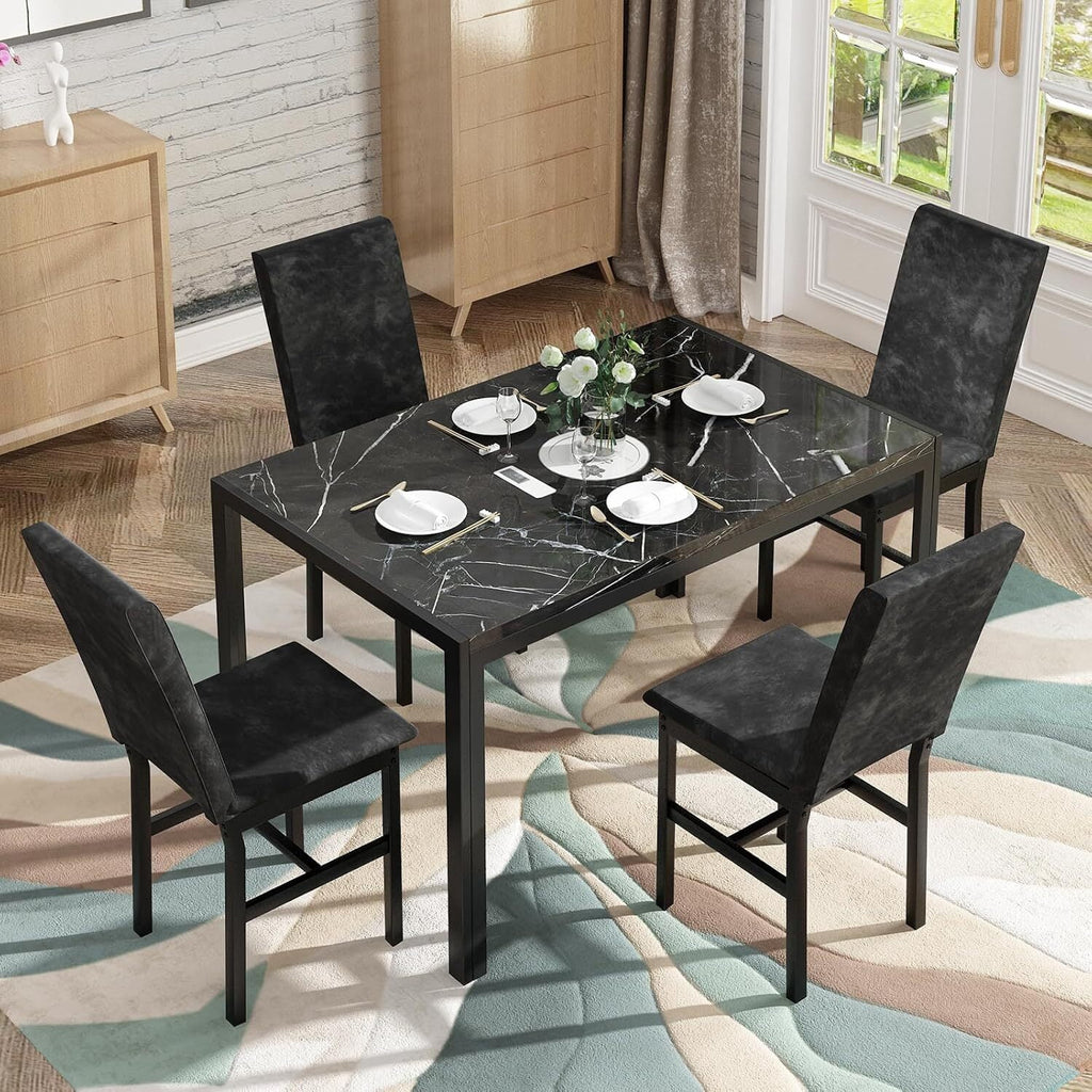 MOOSENG 5-Piece Dining Table Set with Faux Marble Top, Modern Kitchen Table and Set of 4 Grey Velvet Upholstered Chairs, Space-Saving Dinette Set for Small Spaces