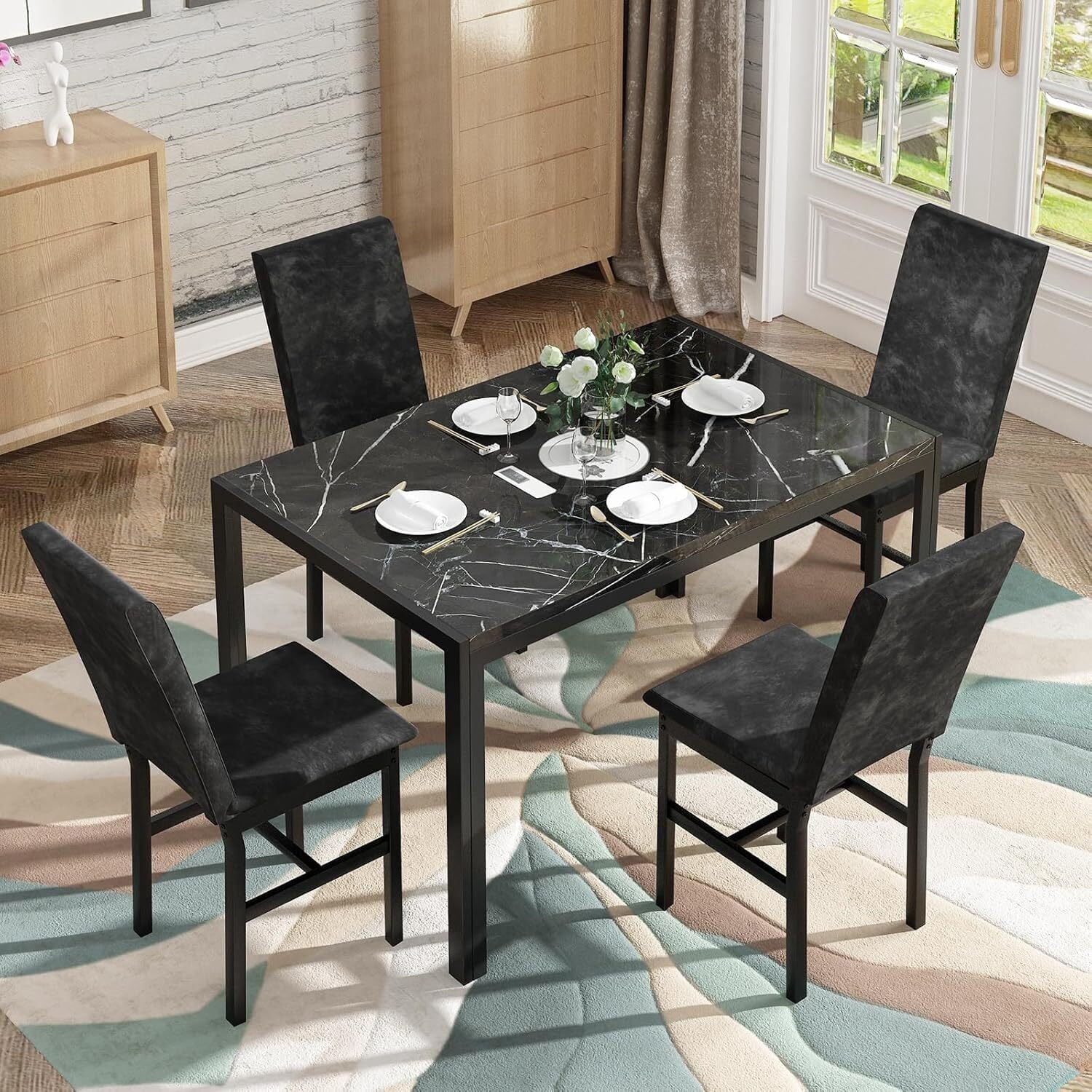 MOOSENG 5-Piece Dining Table Set with Faux Marble Top, Modern Kitchen Table and Set of 4 Grey Velvet Upholstered Chairs, Space-Saving Dinette Set for Small Spaces