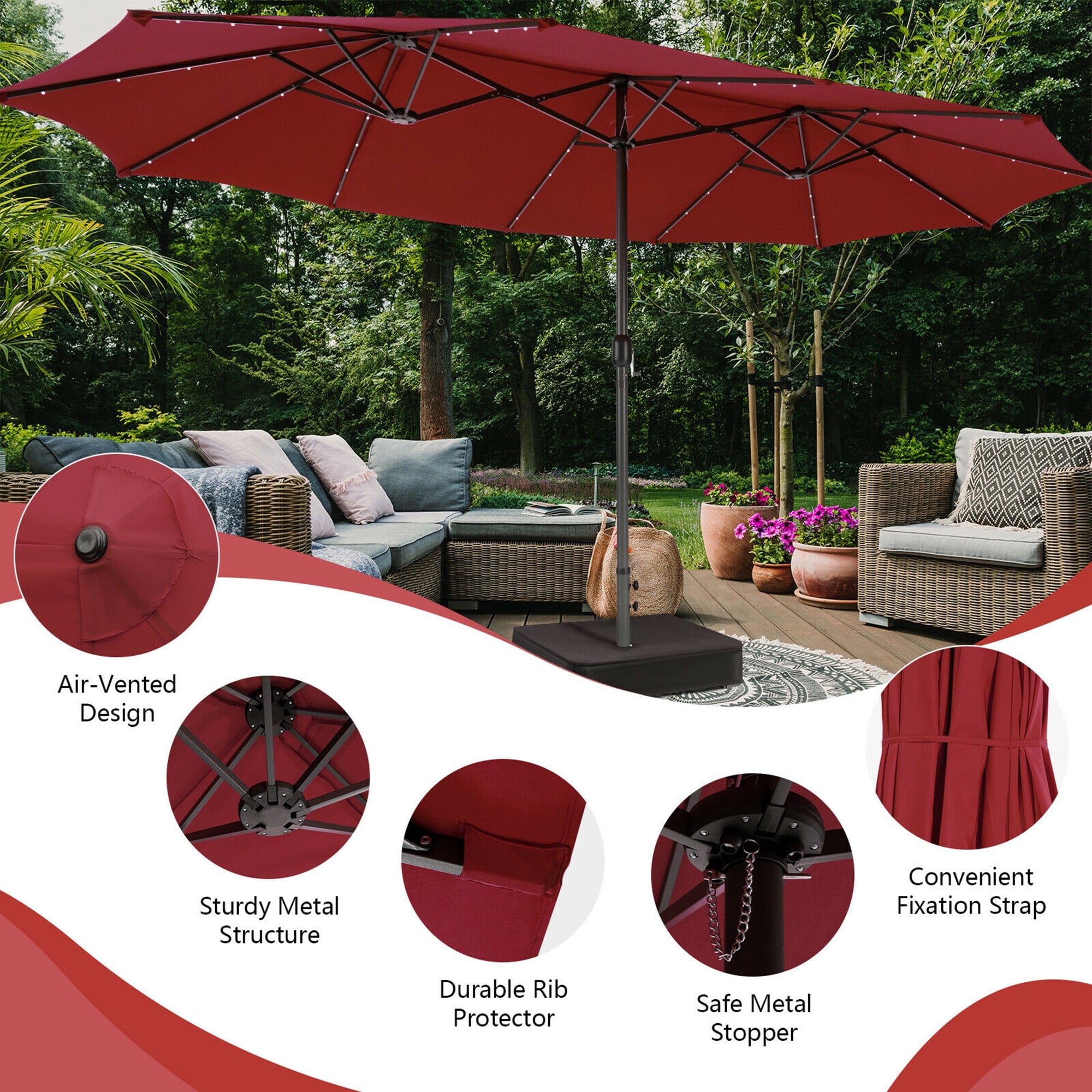 Gymax Outdoor 15' Double-Sided Patio Umbrella 48 Solar LED Lights Crank & Base Coffee