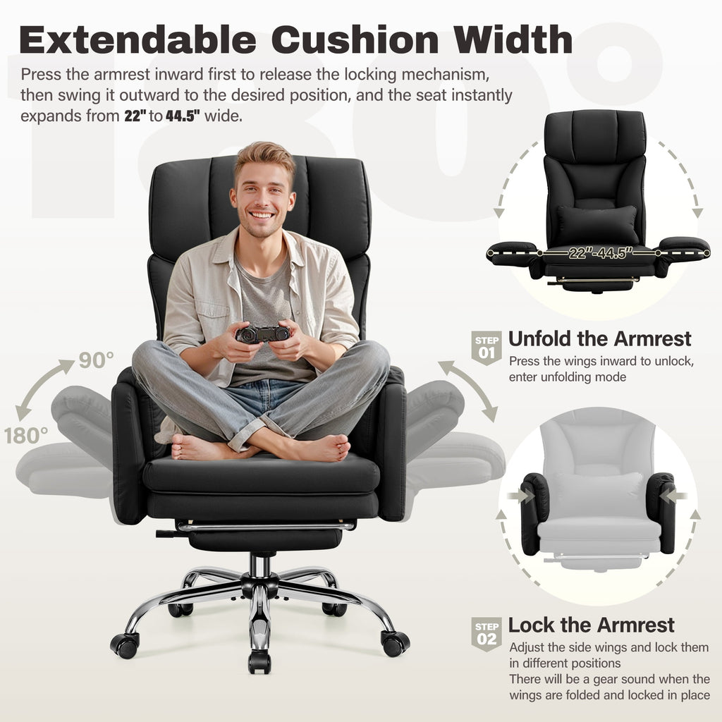 Primy Cross Legged Office Chair with Footrest & Convertible Armrests, 500LBS Capacity Home Desk Chair, Ergonomic Recliner with Lumbar Pillow, Criss Cross Design, Big and Tall Executive Chair