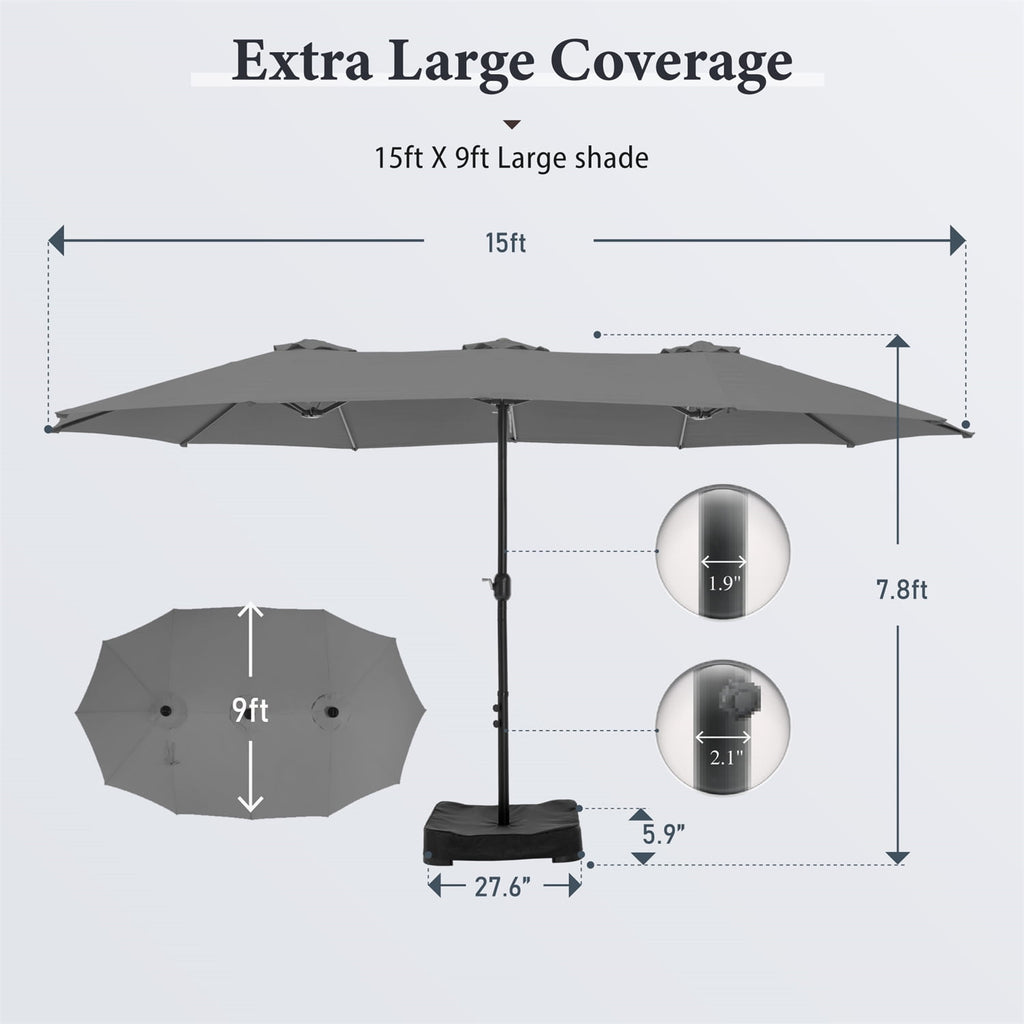 SUMMIT LIVING 15 ft Large Patio Umbrella with Base (Included) Double-Sided Rectangular Outdoor Deck Umbrella for Outside - Beige
