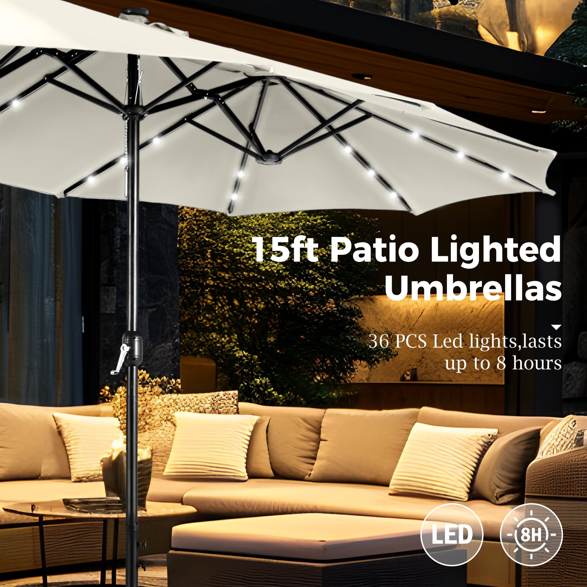 Alpha Joy 15ft Extra Large Outdoor Patio Double-Sided Umbrella with LED Solar Lights & Umbrella Base, Beige