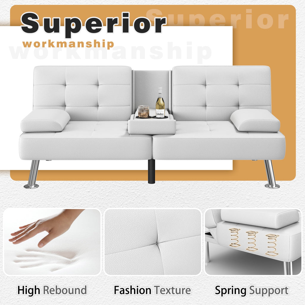 Homall Futon Sofa Bed Faux Leather Couch Modern Convertible Folding Recliner with 2 Cup Holders