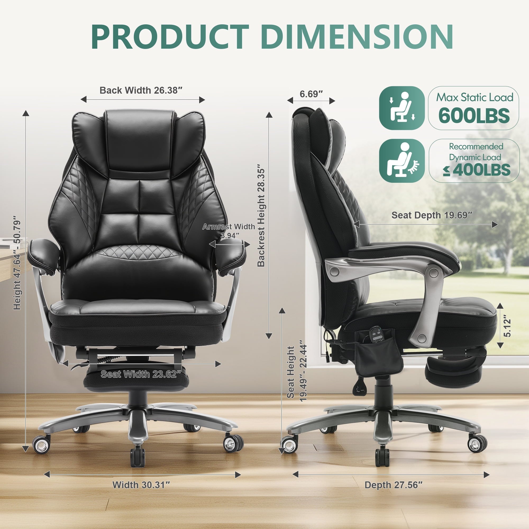 EOP Massage Office Chair with Heat and 4 Vibration Points, Ergonomic Executive Desk Chair with Adjustable Footrest, Big and Tall Swivel Computer Chair, Reclining Back, Black
