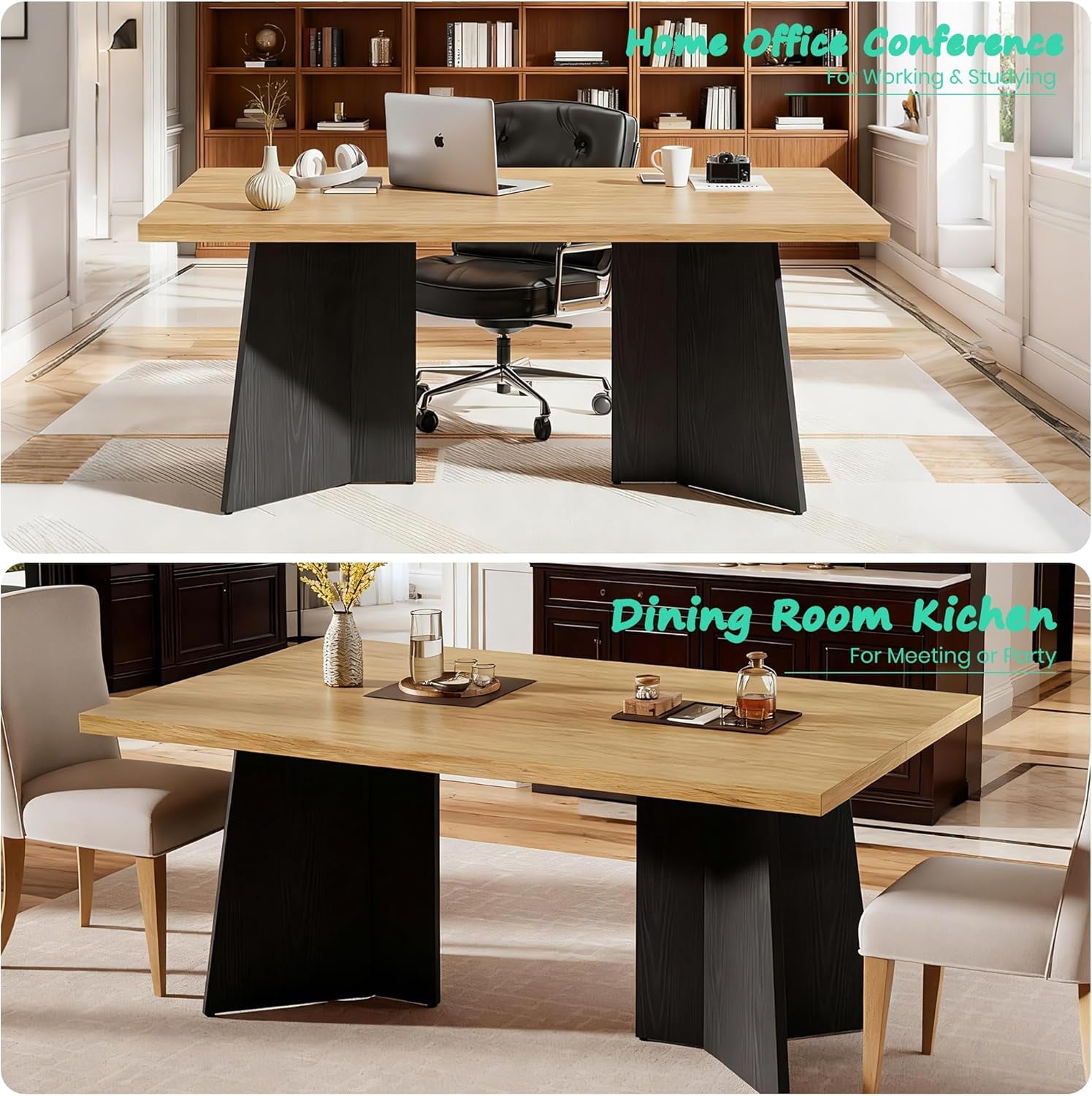 Dining Table for 6-8 People - 63 Modern Long Kitchen Table with Large Tabletop & Heavy Duty Pedestal Legs, Dinner Table for Kitchen, Conference Room, Home, Walnut