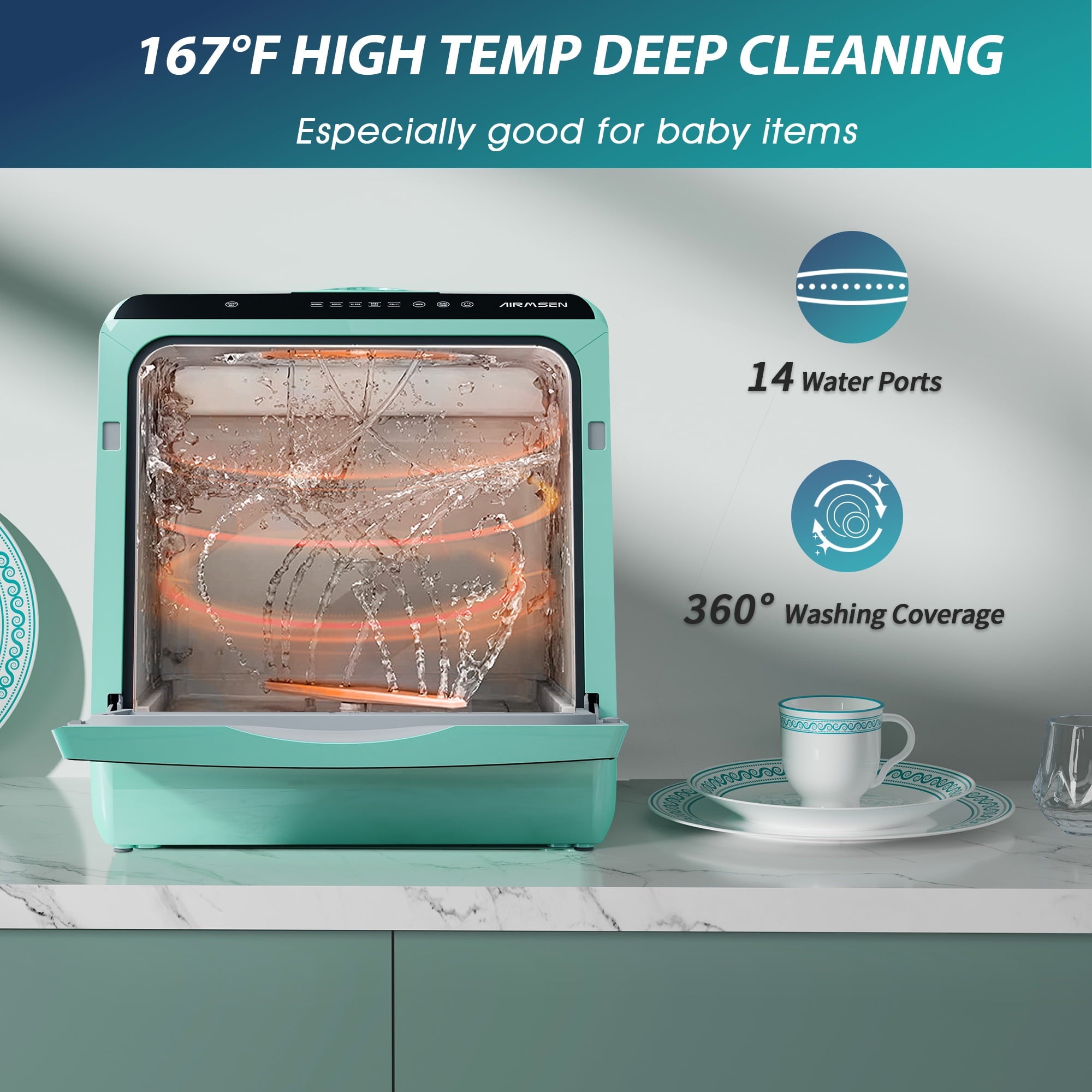 AIRMSEN Portable Countertop Dishwasher with 5-Liter Built-in Water Tank and Air-Dry Function, 5 Washing Programs Mini Dishwasher, AE-TDQR03