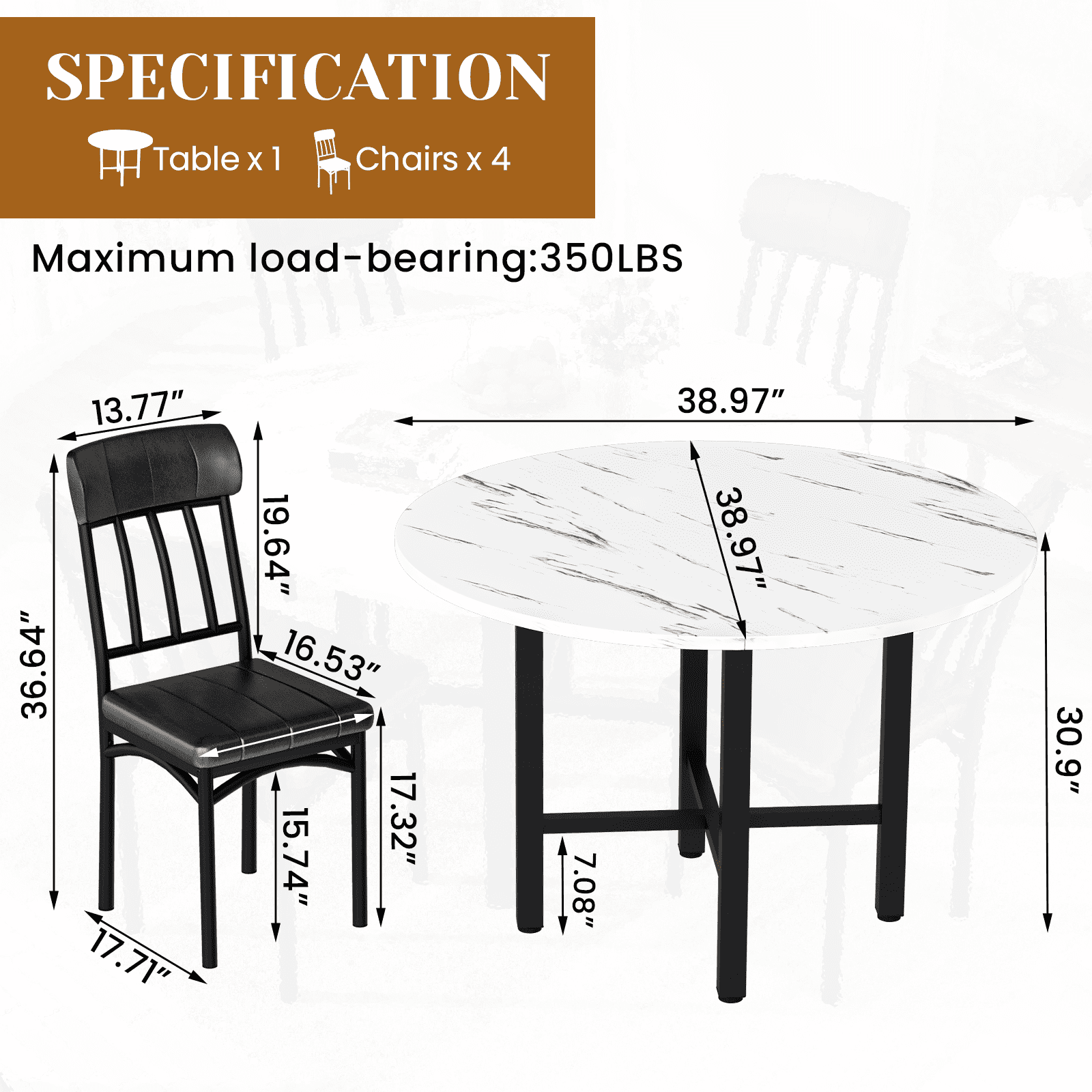 Lamerge Round Dining Table Set for 4,Wood Round Kitchen Table and Chairs Set for 4,Modern Dining Room Table Set with 4 Faux Leather Chairs,Round Dinner Table for Small Space,Brown