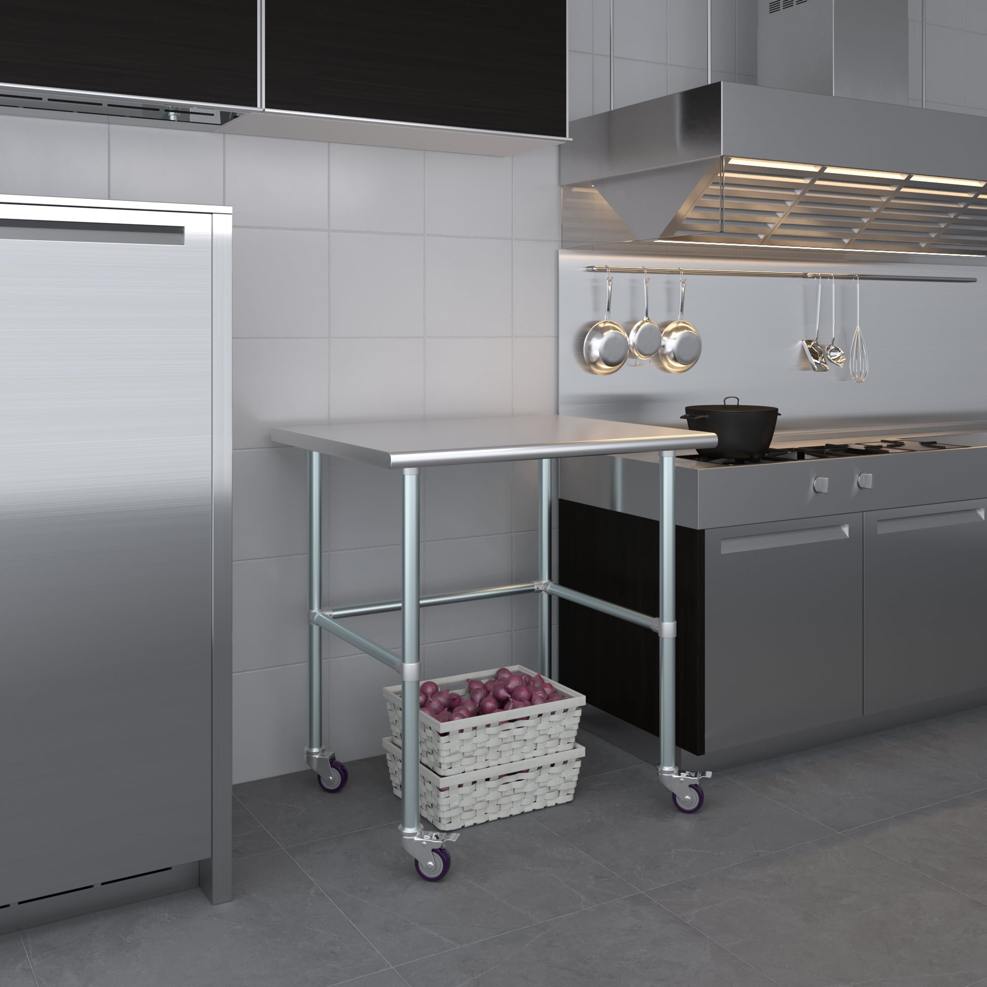 AmGood 36 Long x 30 Deep Stainless-Steel Work Table with Open Base and Wheels, Mobile Metal Table