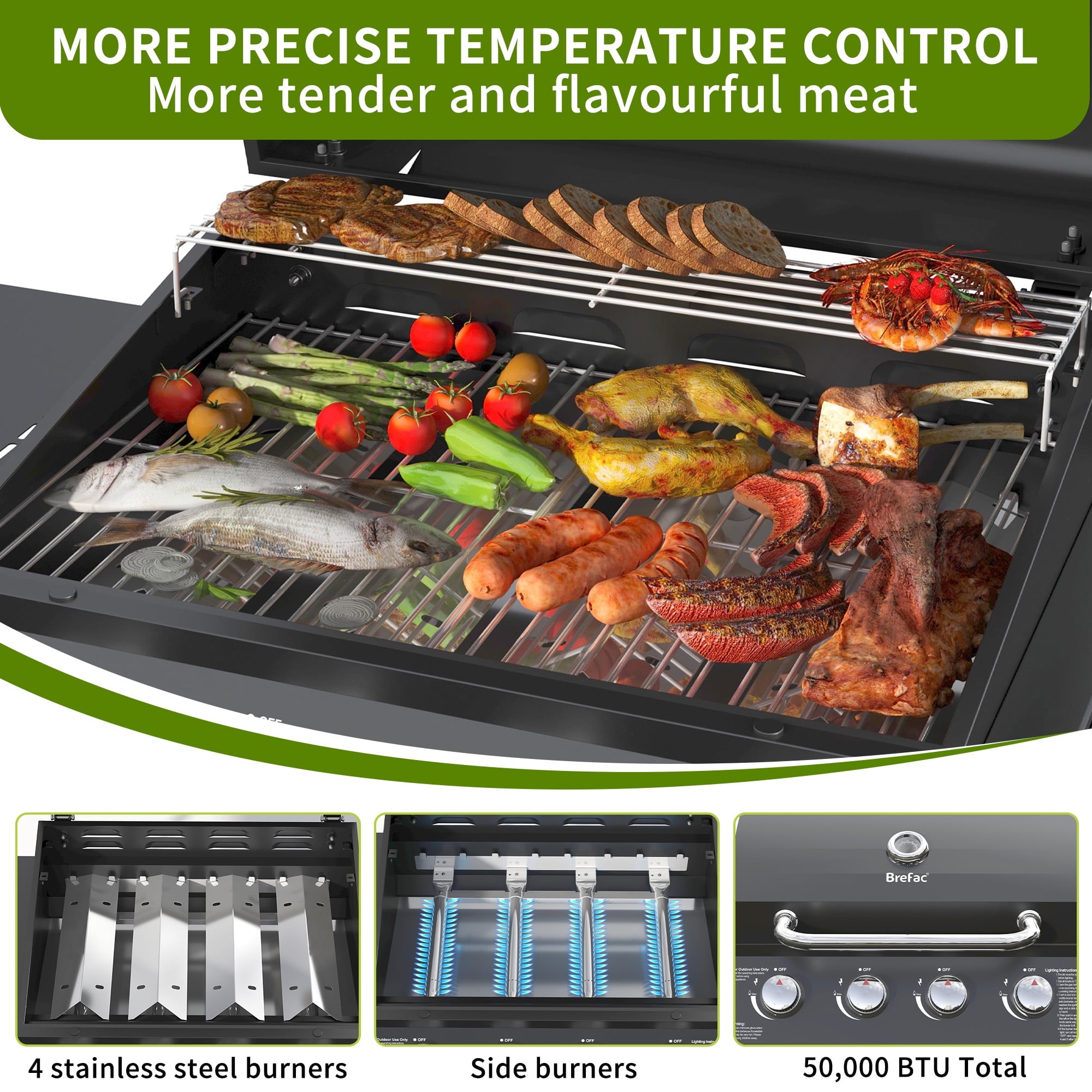 4 Burner Propane Gas Grill with 3 Tier Shelf, 50000 BTU Outdoor Cooking Stainless Steel BBQ Grills Cabinet,Can be Placed Smoke Box，Black
