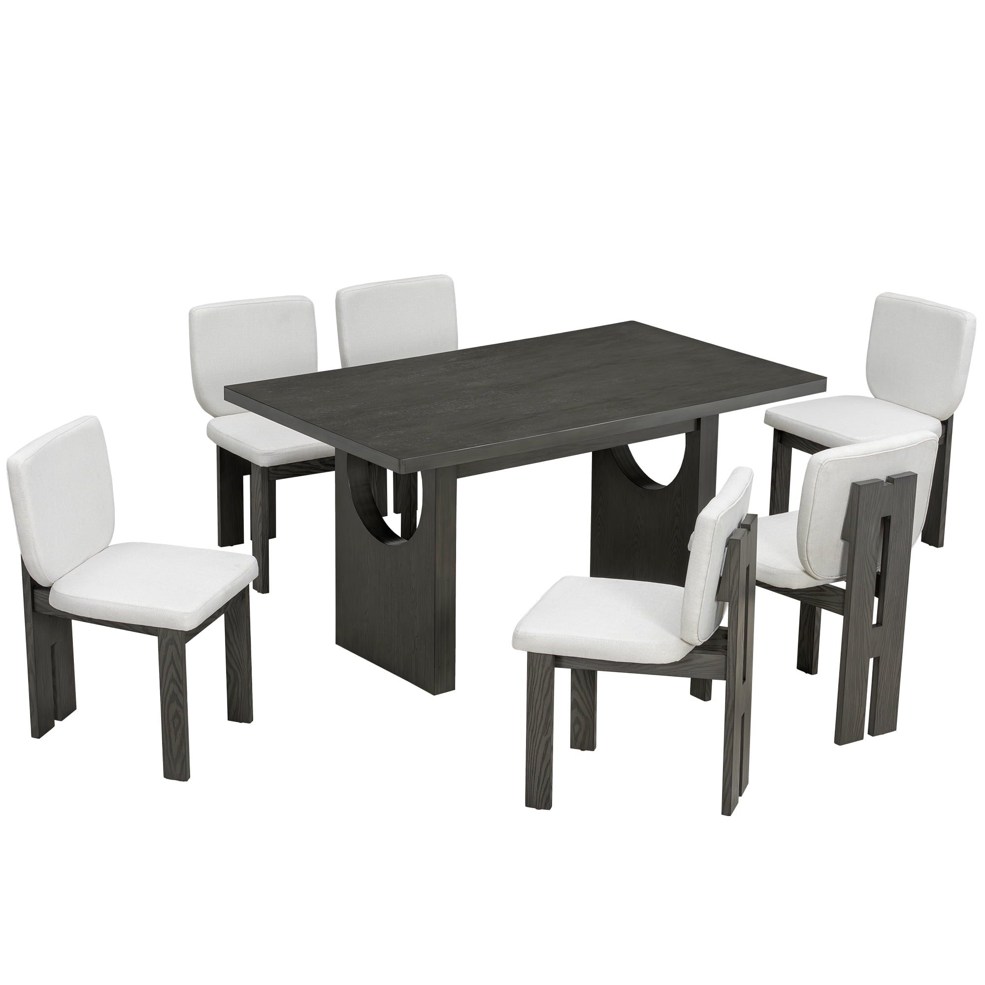 Euroco 7-Piece Dining Table Set for 6, 59 Kitchen Table Set with 6 Upholstered Chairs and Wooden Frame,Retro Dining Set for Kitchen Dining Room, Natural