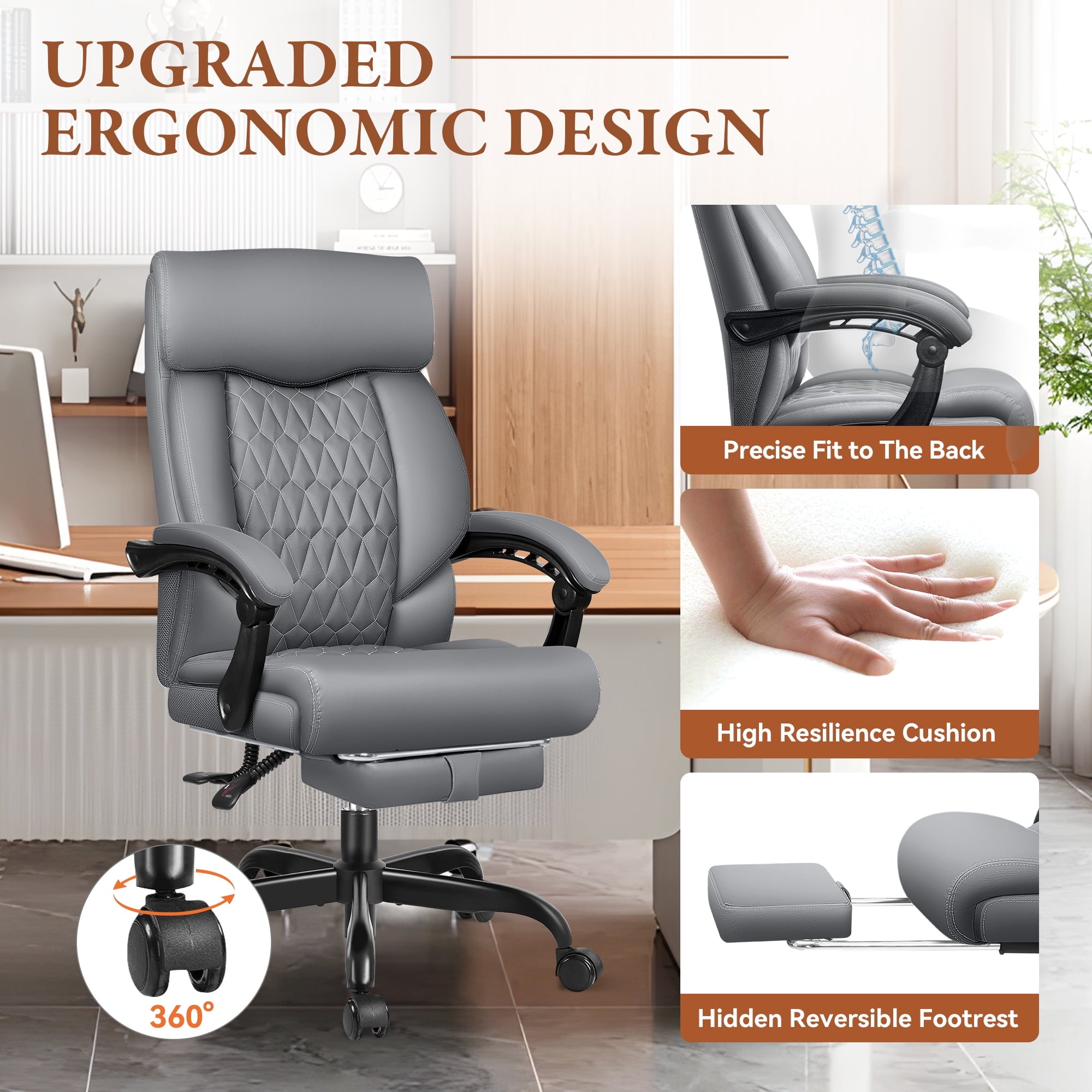 FASTES Executive Office Chair, Ergonomic Desk Chair with Adjustable Armrests, Computer Leather Chair Big and Tall Office Chair with Footrest and Lumbar Support, Brown